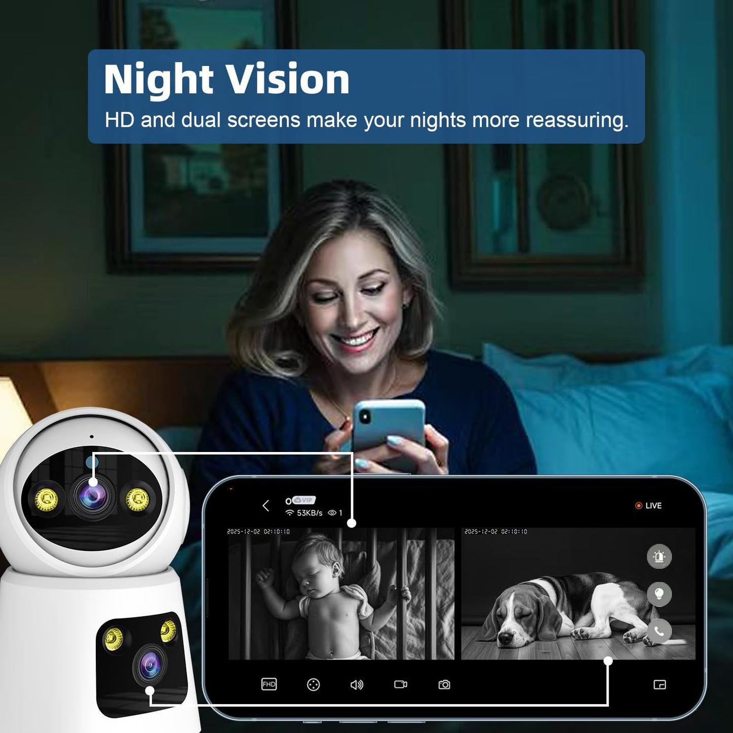 Kinnkall 4MP 360 2.4G/5G 24/7 2-Way Dual Lens Indoor Security Camera, Pan/Tilt Baby & Pet Monitor, WiFi, Motion
