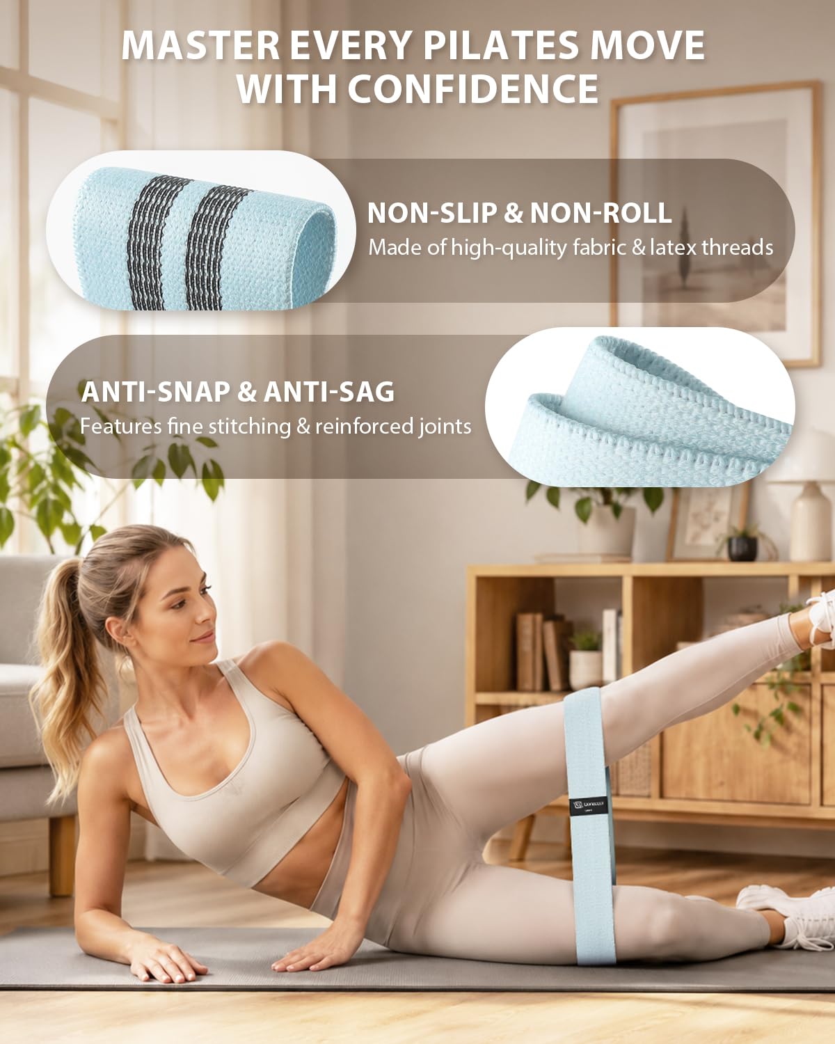 LIONSCOOL Pilates Ring Set (Black) - 14" Anti-Deformation Magic Circle with Padded Handles, 9" Mini Ball, Non-Slip Fabric Resistance Bands, Guide & Bag