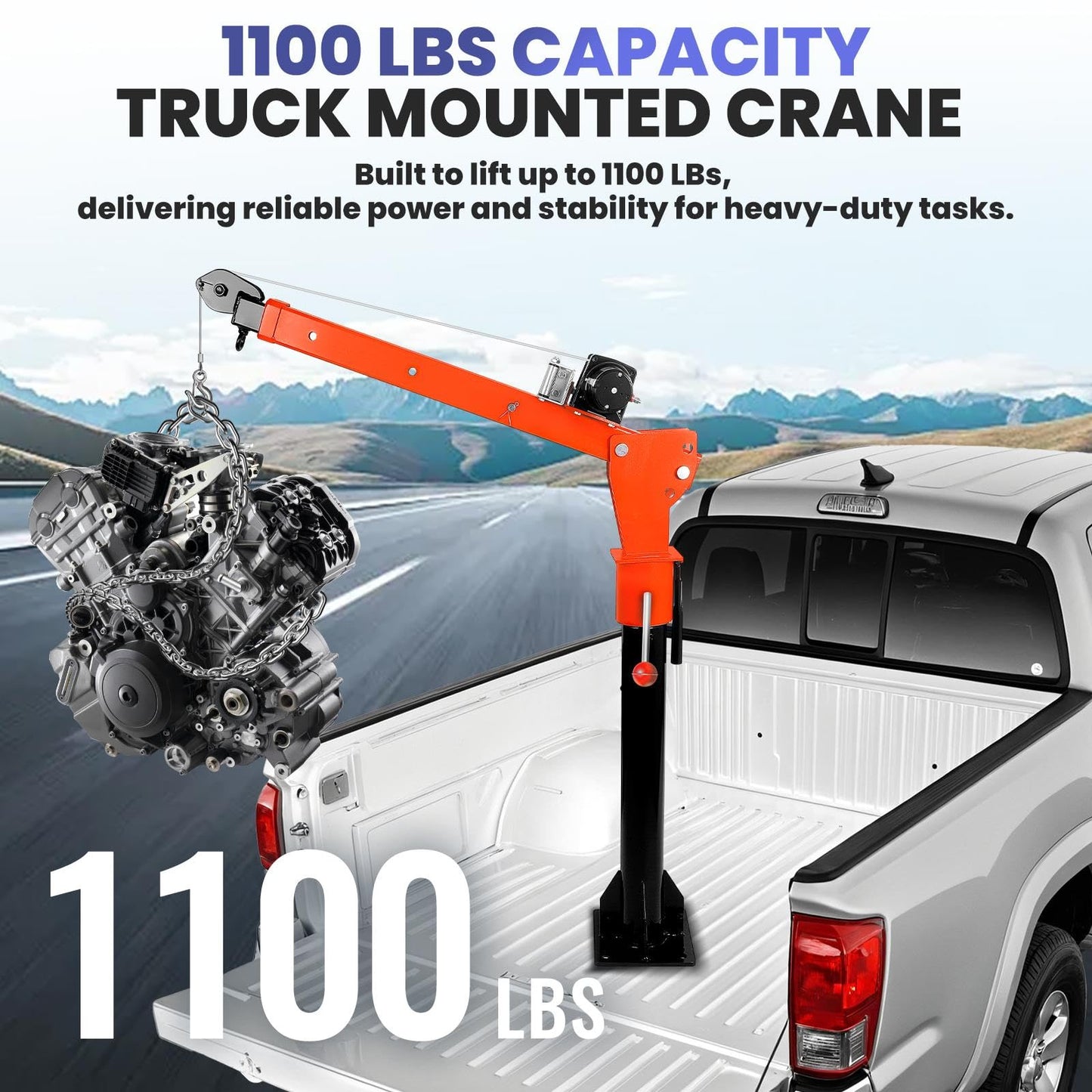 360° Swivel Shop Crane with 1100lbs Capacity, Foldable Truck Hitch Crane & 12V 3500Lbs Winch, Heavy-Duty Truck Lift for Industrial Use