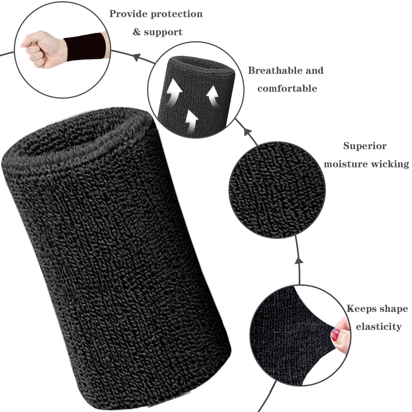 6 Inch Wrist Sweatbands Tennis Wrist Bands Absorbent Sweat Band for Men and Women Sport Long Wrist Bands, Breathable Cotton Athletic Sweatbands for Basketball, Workout, Running (4 Pack)-Black