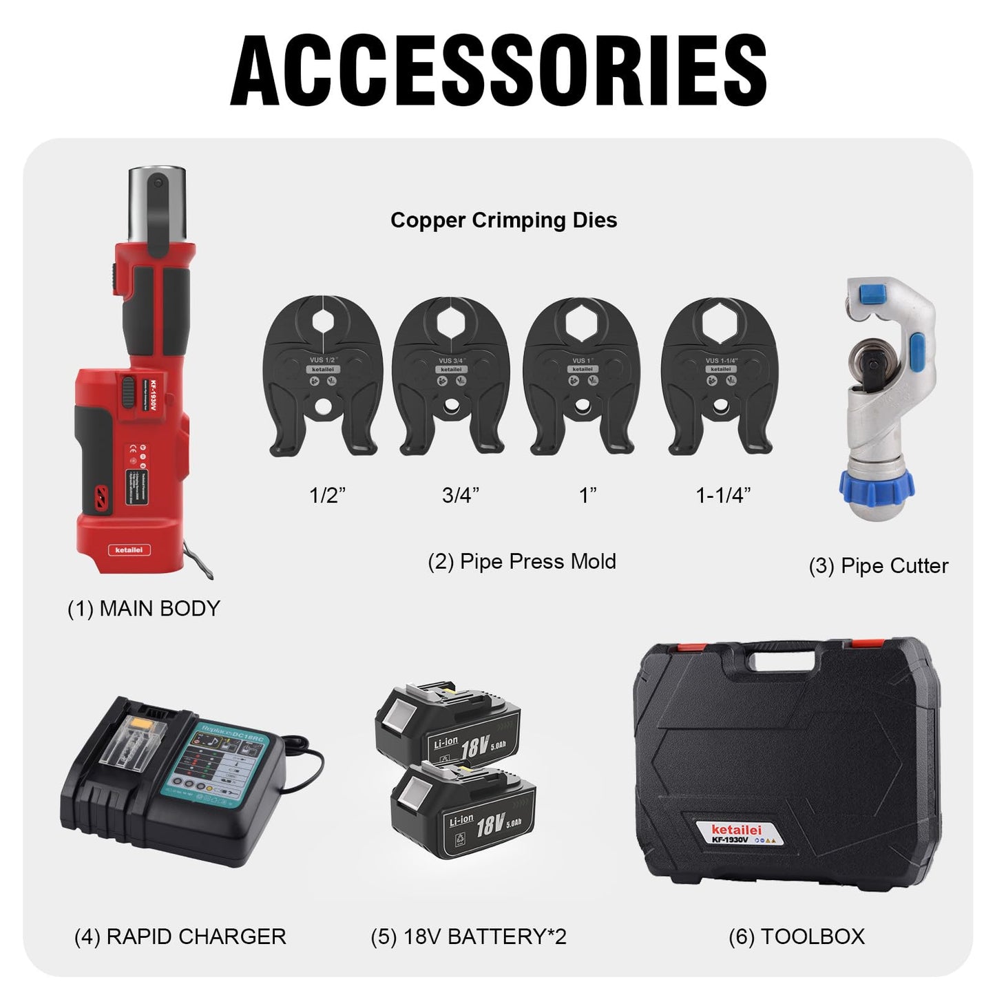 ketailei KF-1930V Cordless Copper Pipe Crimping Tool for Plumbing, 5.0Ah Battery Powered with VUS 1/2" 3/4" 1" 1-1/4" Crimping Dies, 350° Rotatable Head（KF-1930V）