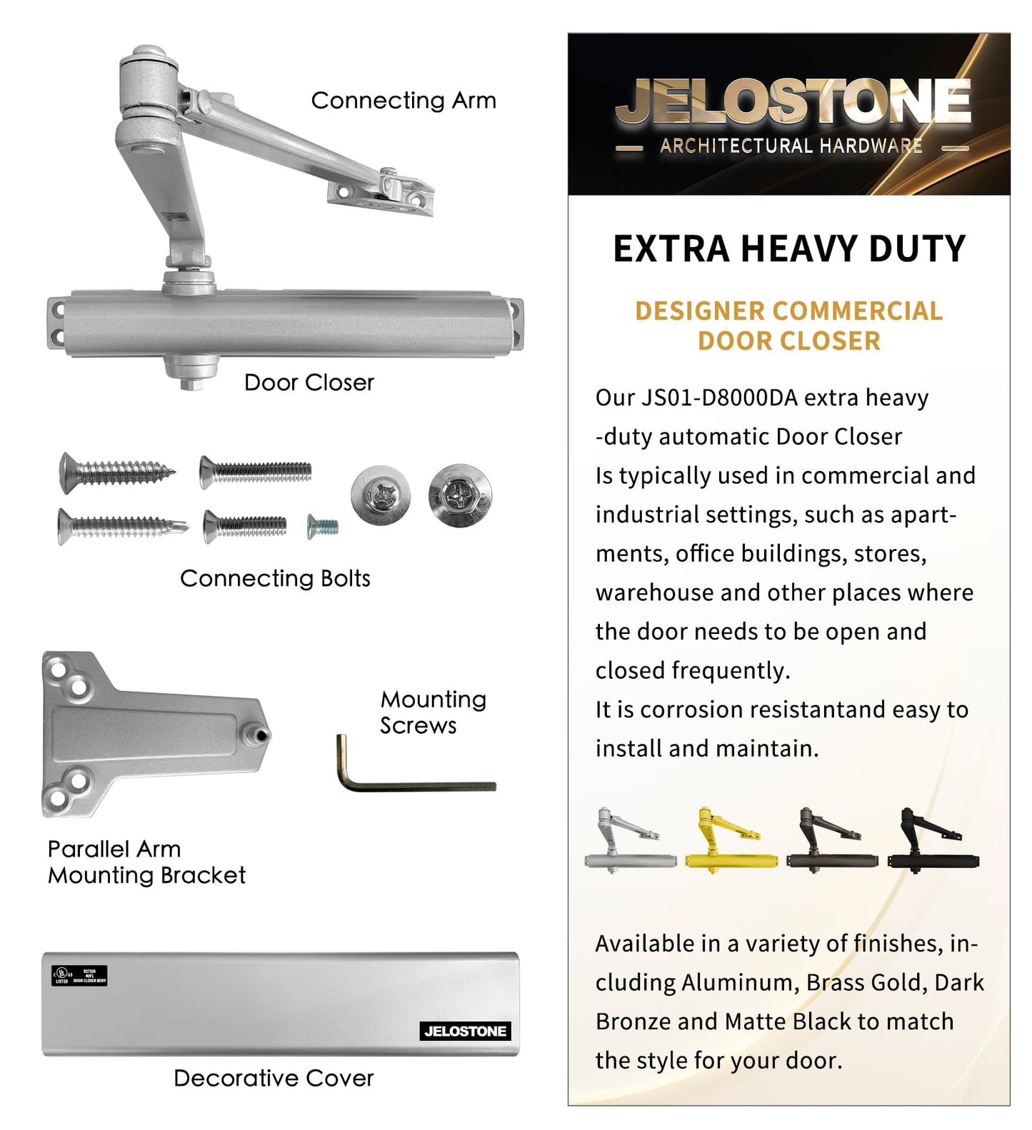 Heavy Duty, Commercial Door Closer D8000DA, ANSI Grade 1, UL 3 Hour Fire Rated, ADA Compliant, Delayed Action, Adjustable Spring Size 1-6 for Doors(44-330LB/30-60 in), Indoor/Outdoor (Aluminum)
