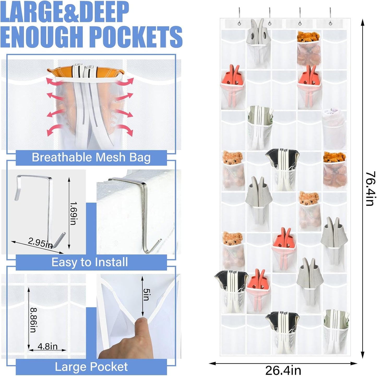 Windyun Over The Door Shoe Organizer - Large Breathable Mesh Pocket Rack | Clear White Hanging Storage for Closet