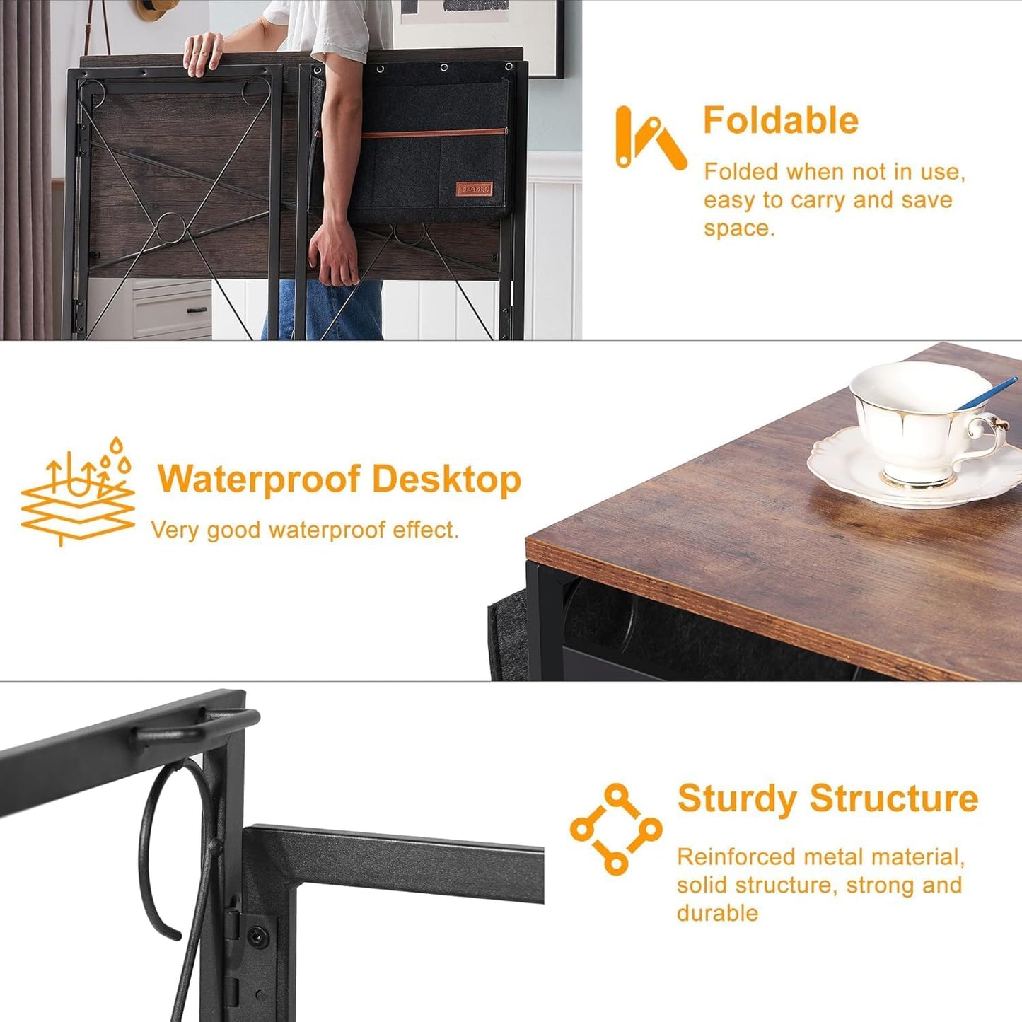 VECELO 39 Inch Folding Desk - Simple Assembly Writing Computer Desk for Home Office | Classic Brown