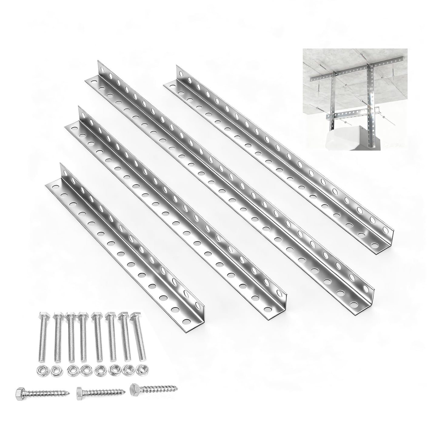 4-Piece Garage Door Opener Hanging Bracket Kit, 13 Gauge Heavy Duty Galvanized Steel Angle Iron Brackets with Mounting Hardware, Compatible with Genie/Chamberlain/Craftsman Smart Chain Drive Openers