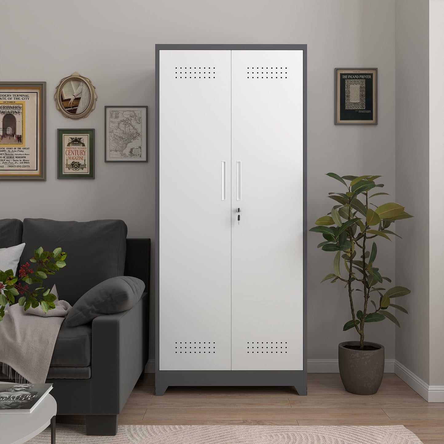 FATIGOS 72.8" H Metal Garage Storage Cabinets with Doors and Shelves, Broom Closet Storage Cabinet, Tool Cabinets with Hanging Rod, Cleaning Storage Cabinets for Garage,Bedroom Office Grey&White