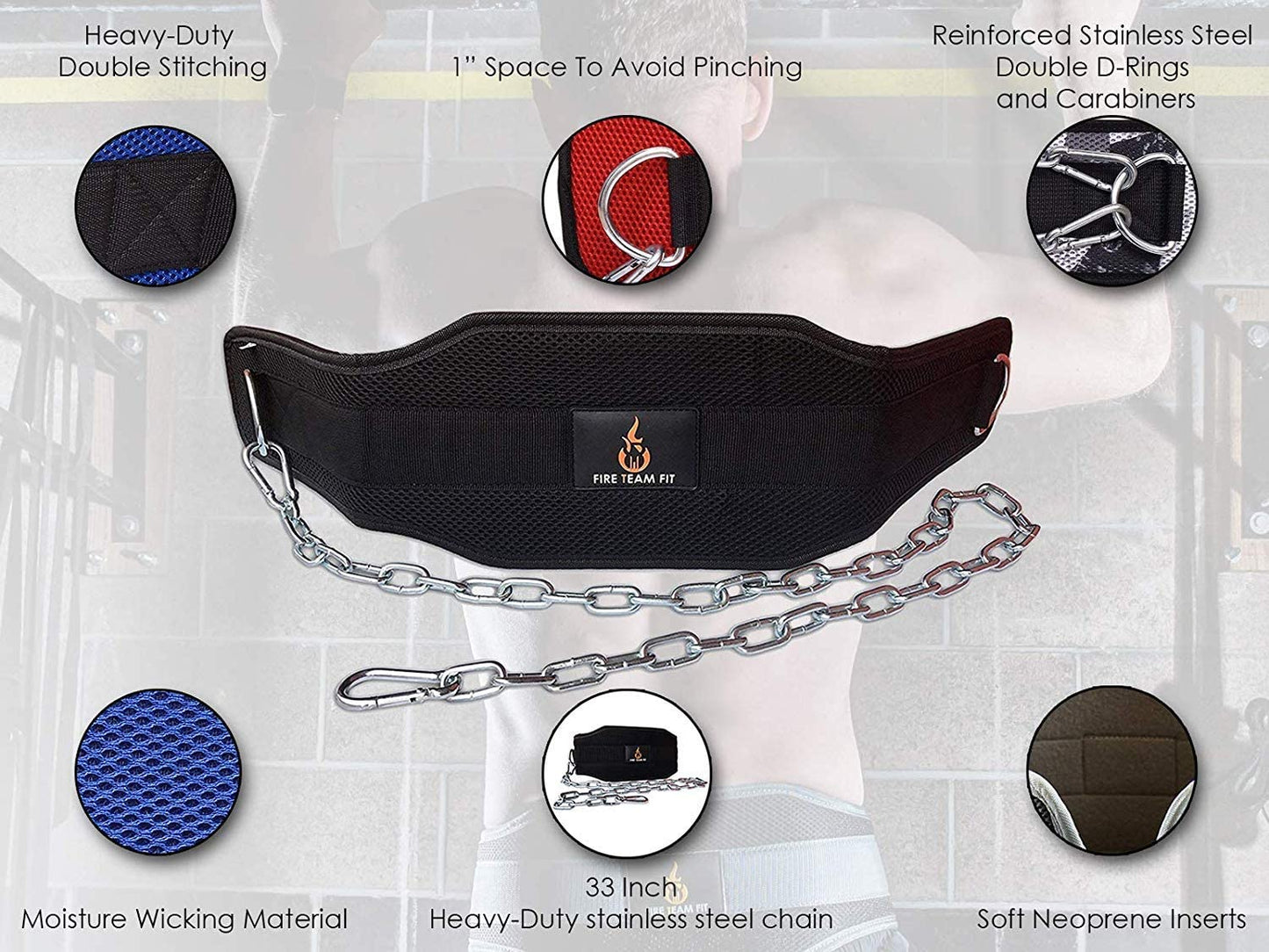 Fire Team Fit Weight Belt with Chain, Dip Belt for Weighted Pull Ups and Dips Blueline, Small (for Waist 40 Inches or Less)