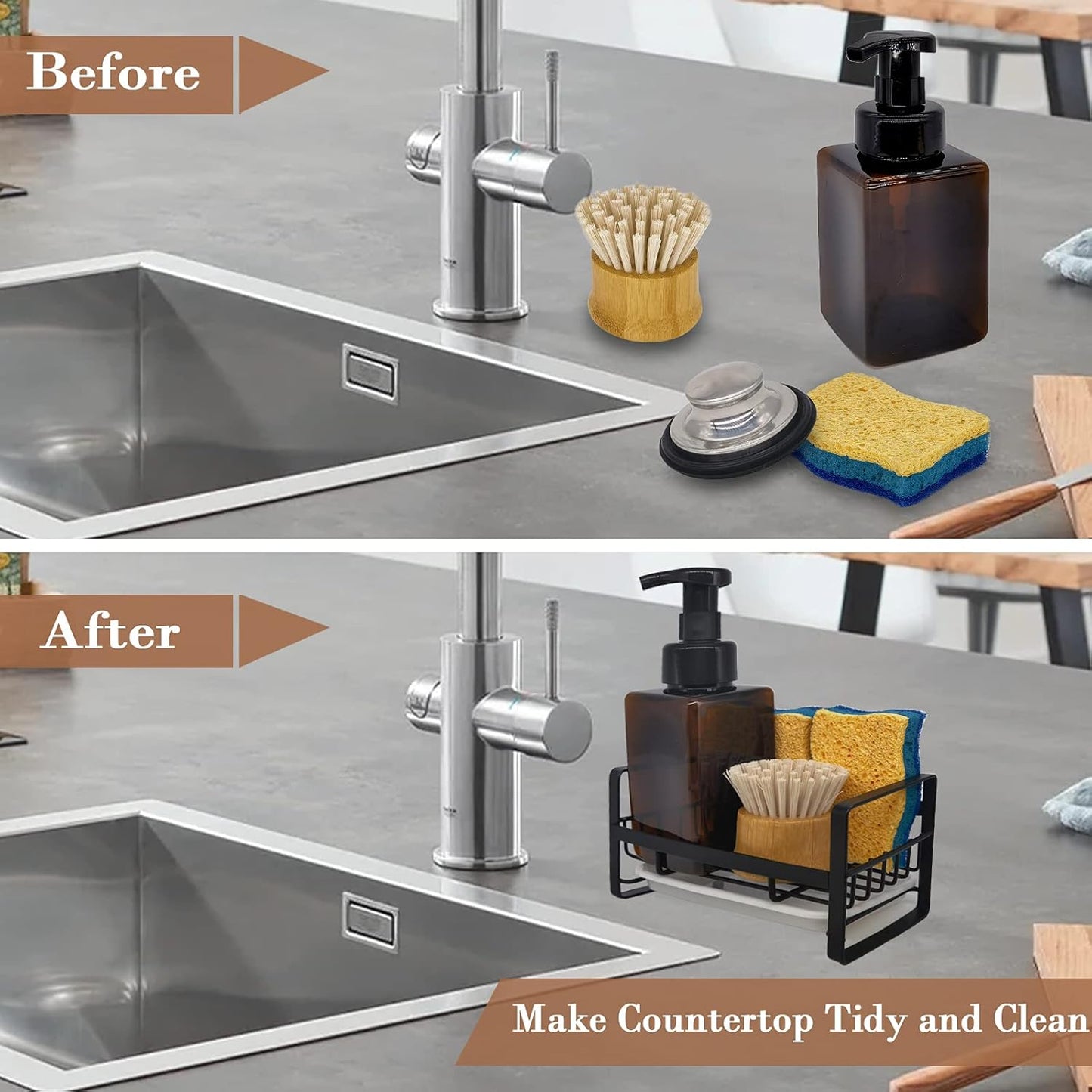 VANTEN Kitchen Sink Caddy - Matte Black Stainless Steel Sponge Holder & Soap Dish Organizer | Wall Mount or Countertop