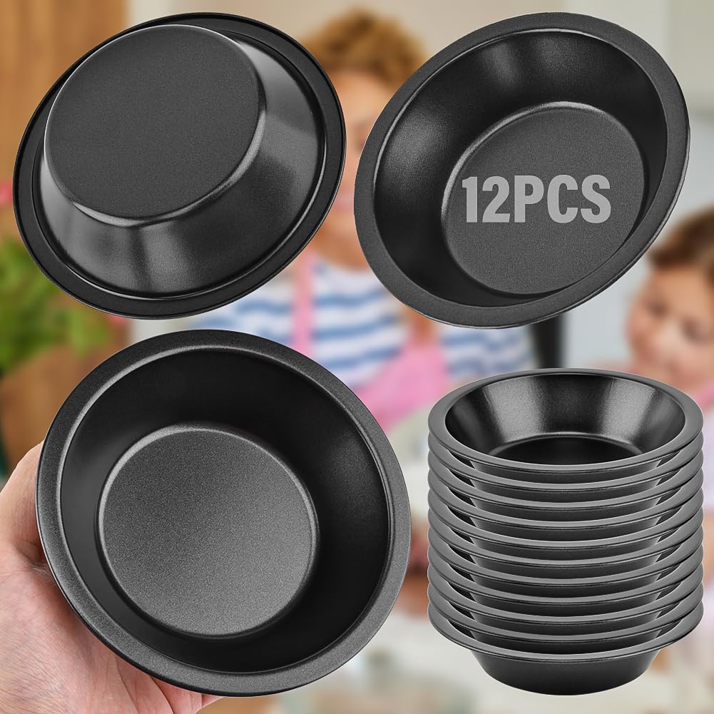 Loyanger 12 Pcs Mini Pie Pans,5 Inch NonStick Individual Dish Pie Plate Reusable Round Tins Small Bakeware for Baking Pot Pies, Cakes, Quiches, Tarts, Desserts(COLOR:Black)