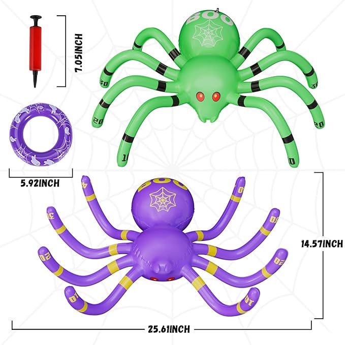 Halloween Spider Ring Toss Game, 2 Pack Inflatable Green and Purple Spiders with Rings and Pump, Fun Halloween Party Games for Kids Outdoor Trick or Treat Toys Carnival Decorations Party Favors