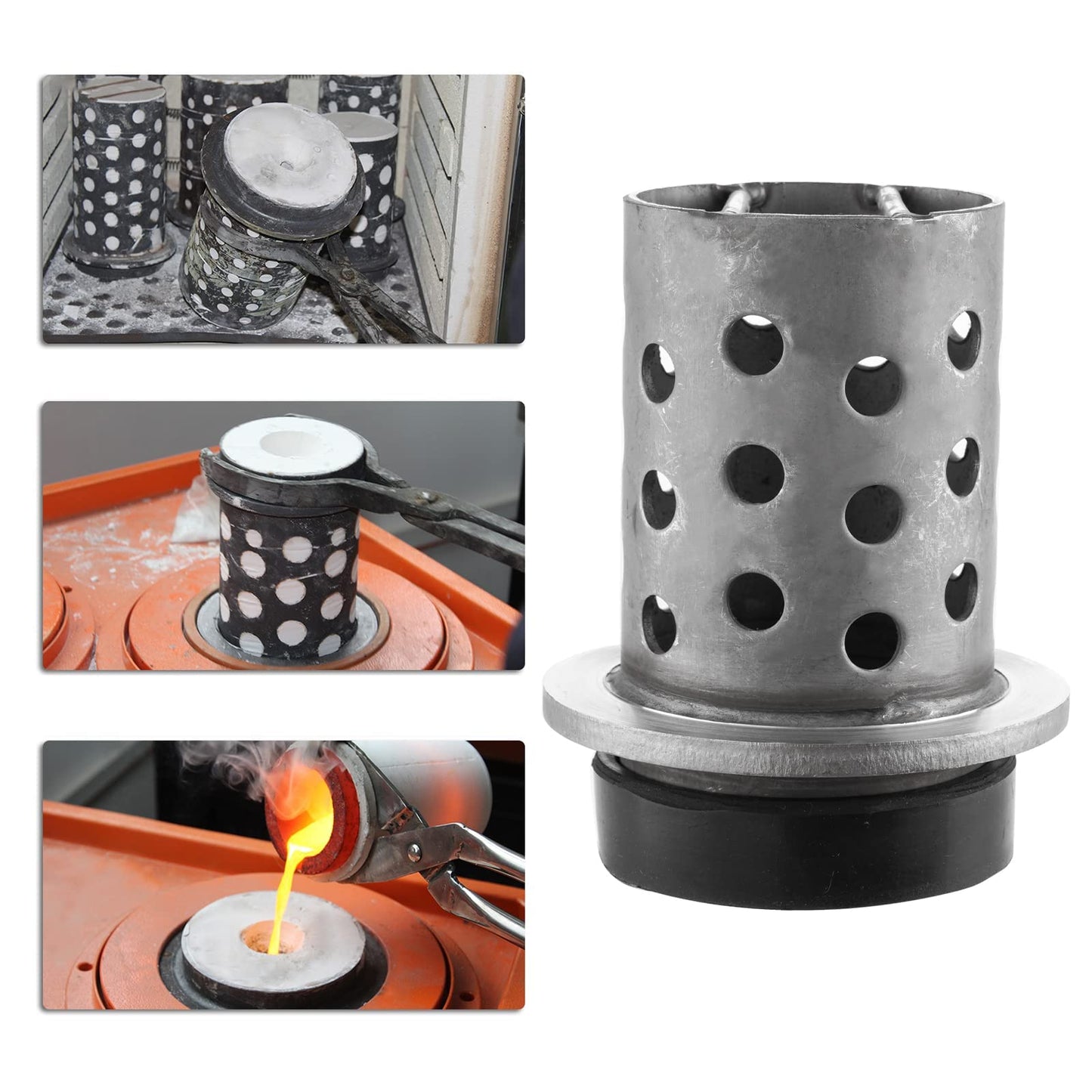 DZQ Perforated Casting Flask Vacuum Casting, 304 Stainless Steel Flanged with Rubber Sprue Base, Various Sizes for Metal Casting (2.5" x 4")