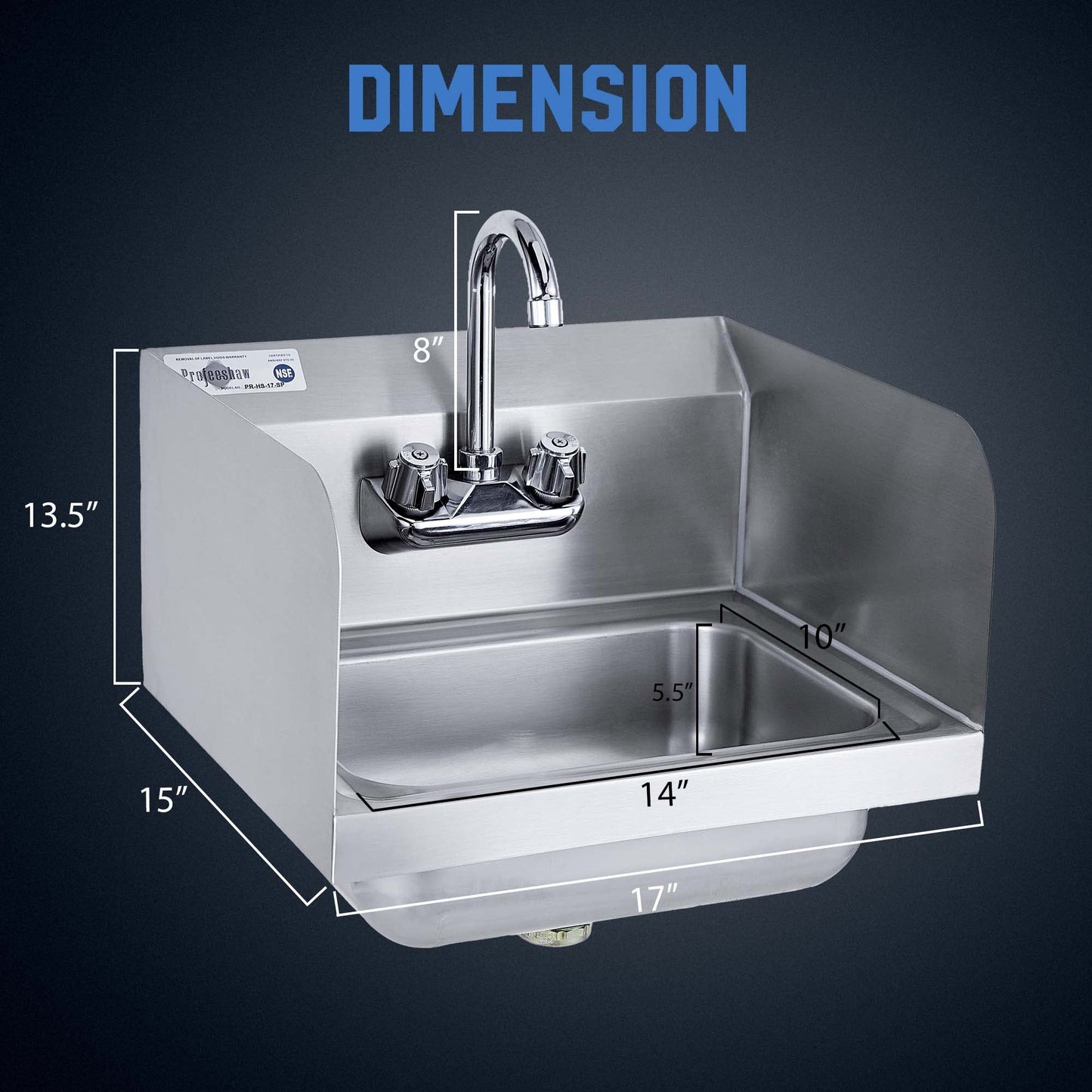 Profeeshaw Commercial Hand Sink with Side Splash Guards, Wall Mount Utility Sink, 304 Stainless Steel Wash Basin with Gooseneck Faucet and Drain Basket for Restaurant and Bar, 17 x 15 Inch
