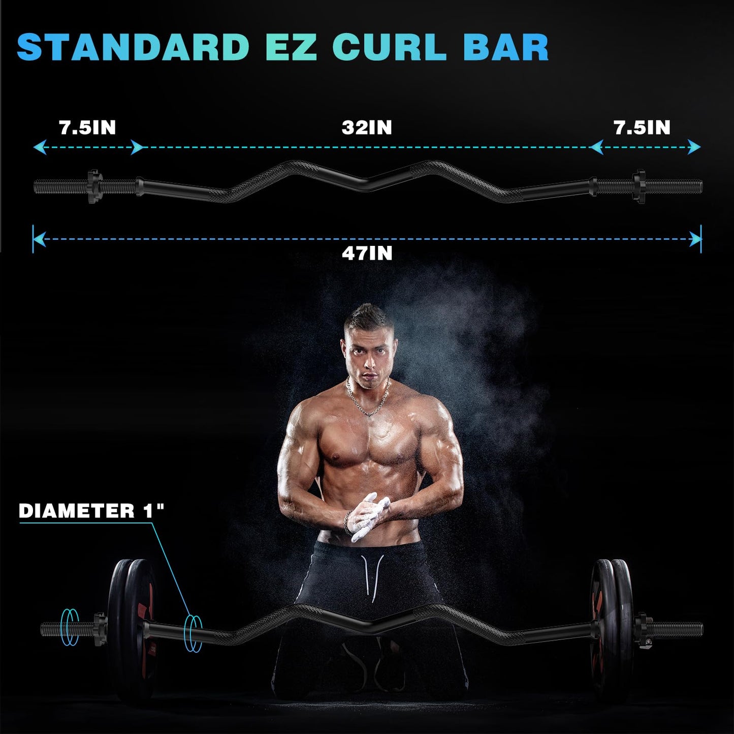 47" EZ Curl Bar 1 Inch Standard Barbell Bar for Hip Thrusts Squats Lunges for Gym and Home, 1-inch Curling Bars for Weight Lifting with 2 Star Collars (300lb Weight Capacity)