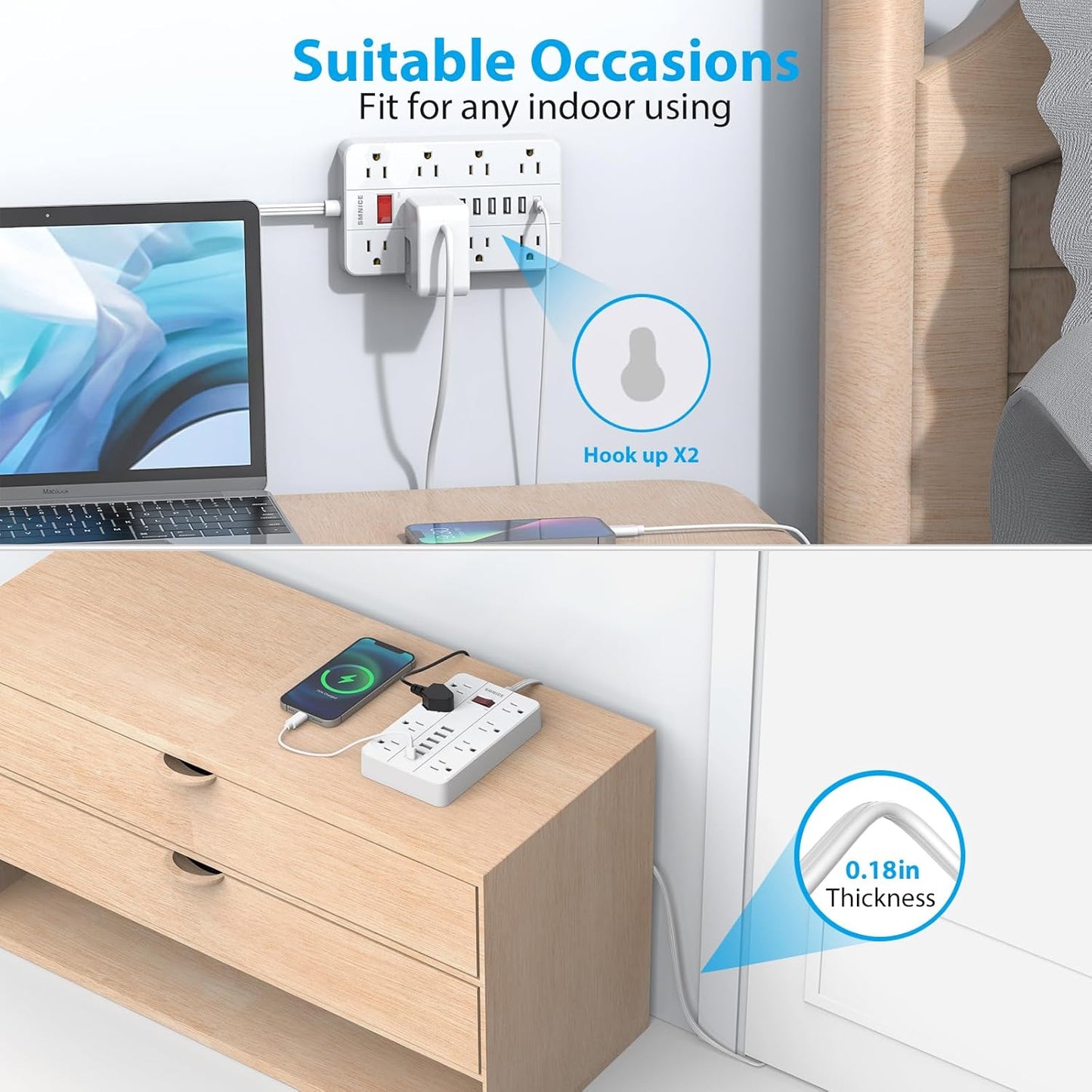 SMNICE 10 8 6USB(1 Power Strip Surge Protector, Flat Plug Long Extension Cord Ft with Widely Spaced Outlets USB C)