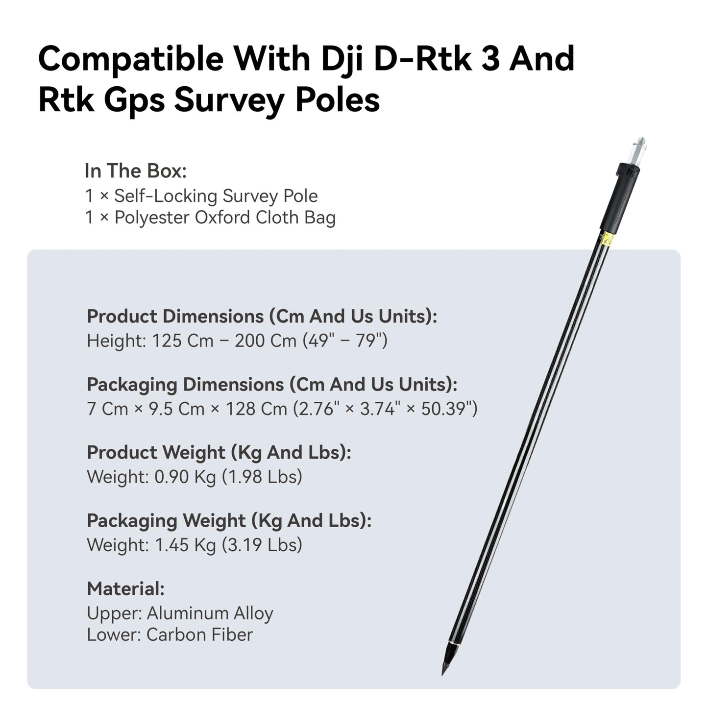 Self-Locking Survey Pole, Carbon Fiber & Aluminum Lightweight GPS Rover Pole, 5/8" Thread, Adjustable Height 125-200 cm (49-79"), Compatible with DJI, SingularXYZ & Most RTK Rover Systems