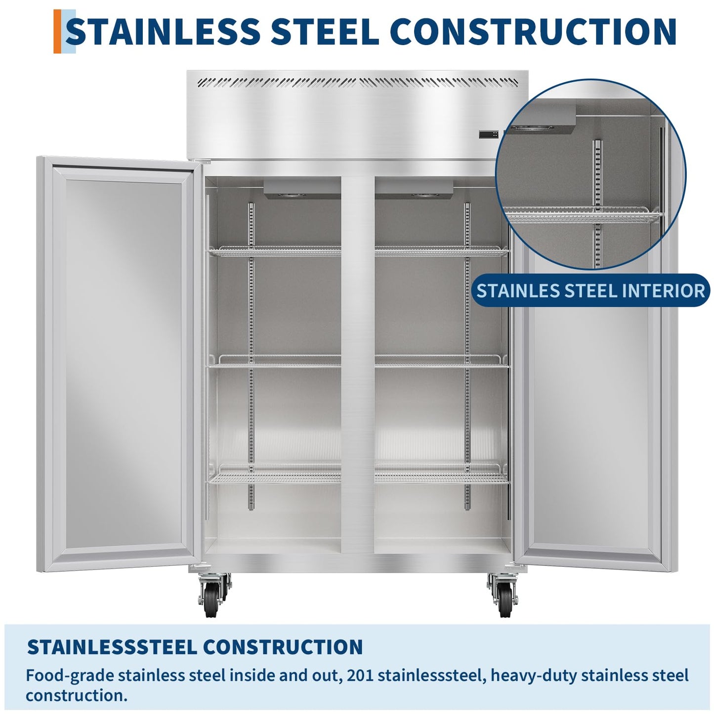 48" W Commercial Freezer -8°F~0°F with 2 Door, Reach-in 36 Cu.ft Stainless Steel Commercial Refrigerator Fan Cooling, Auto Defrost, 6 Adjustable Shelves, for Restaurant, Bar, Kitchen, Shop