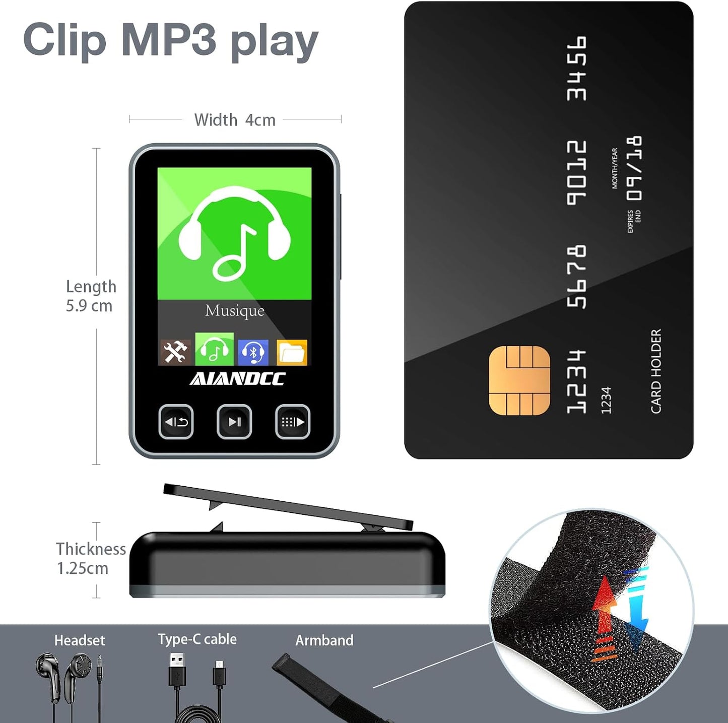 Aiandcc Mp3 5.3, 1.77-inch 32GB mp3 Player with Bluetooth HiFi Music Player with Sports Clip and Armband, TFT Color