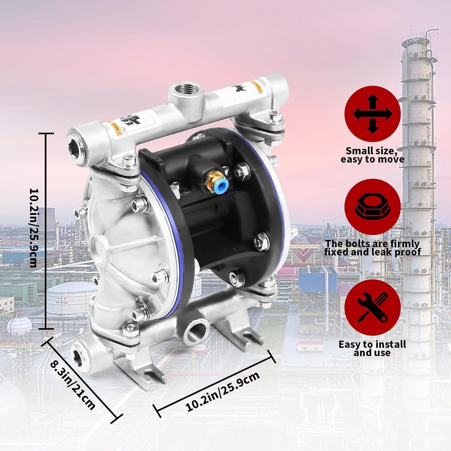 Nakkaa SS Pneumatic Double Diaphragm Pump Stainless Steel 8.8GPM1/2" In/Out Max 120PSI, Used to Transport Various Low Viscosity Liquids Such as Hydraulic Fluid, diesel, coating,etc
