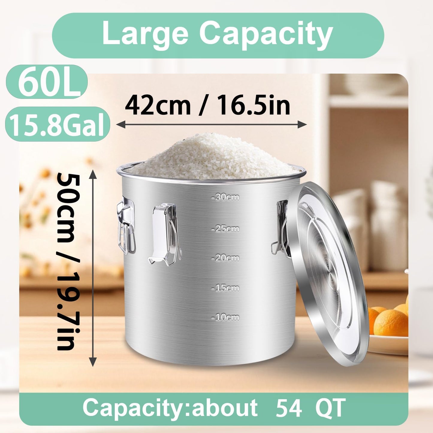 Tircoiude 304 Tainless Steel Large Airtight Canister, 60L/15.8Gal Dog Food Storage Container with Lockable Lid Carry Handle for Liquid Storage, Brewing, Kitchen Commercial Use