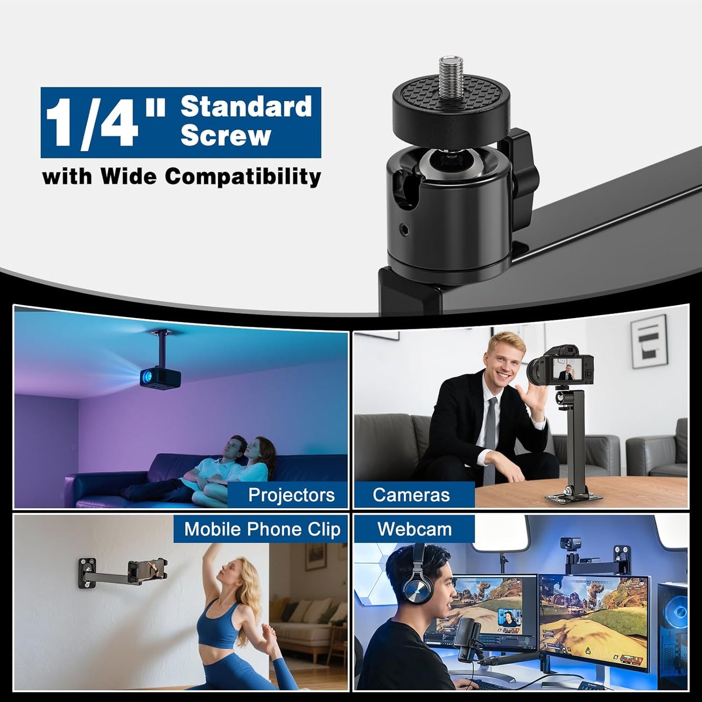 BAISHUN 1/4-Inch 360-degree Setup Projector Stand, Wall and Mini Ceiling Mount with Thread, Rotation, Adjustable Tilt