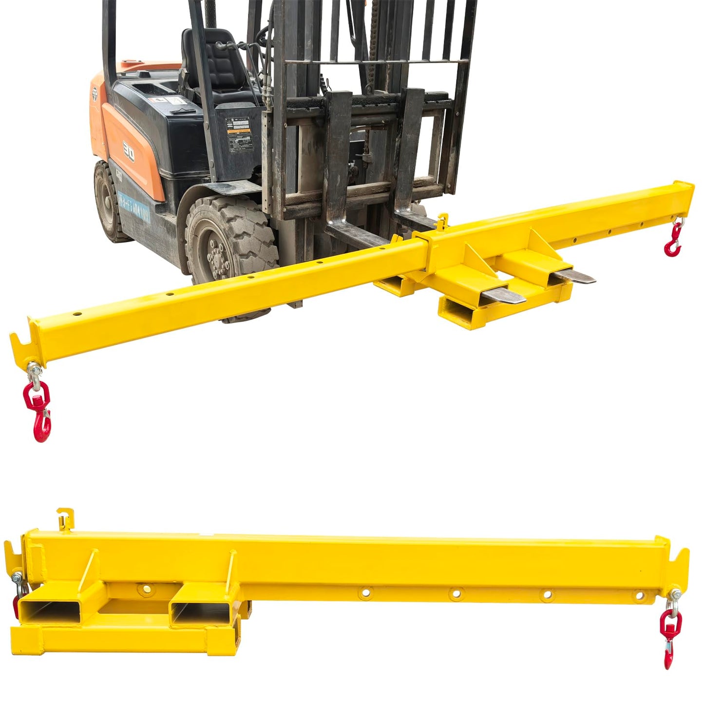 TECHTONGDA Dual-Direction Forklift Jib Crane - 4400 Lbs Telescoping Boom Works in Transverse & Longitudinal, Adjustable Mobile Crane Lifting Hoist Jib Boom with 2 Hooks, Forklift Attachment