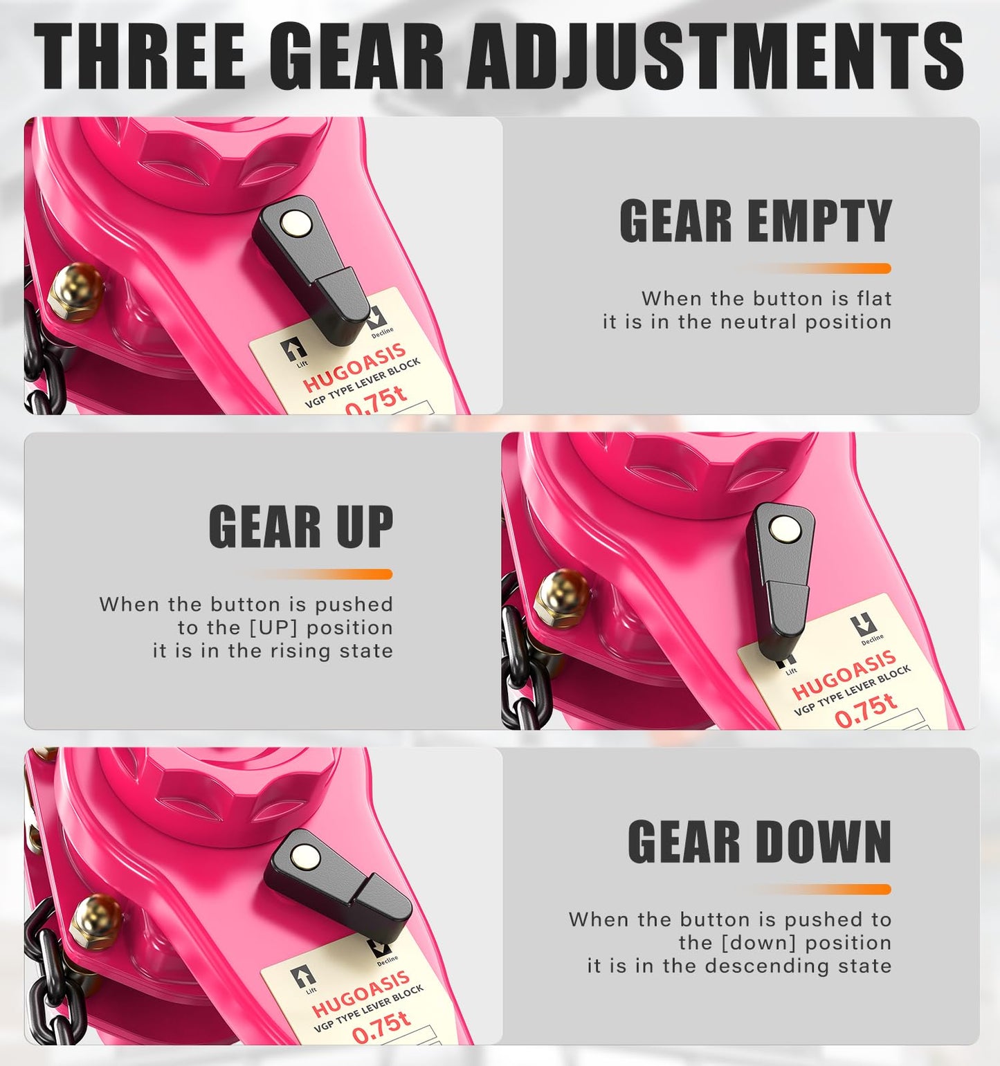 HUGOASIS 3/4 Ton 1650lbs Lever Chain Hoist Capacity 10ft,Chain Come Along with Dual Brake System, G80 Manganese Steel Chain, 2 Heavy Duty Hooks for Garages Warehouse Automotive Machinery – Pink