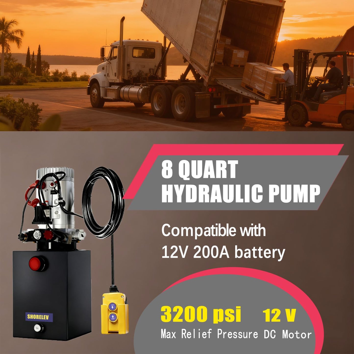 SHORELEV Hydraulic Power Unit 8 Quart 12V DC Double Acting, 8L Iron Reservoir, 0.91 GPM Flow Rate 3200 PSI for Dump Trailers, Lift Gates, Truck Hoists, Hydraulic Pump for Dump Trailer Car Lifting
