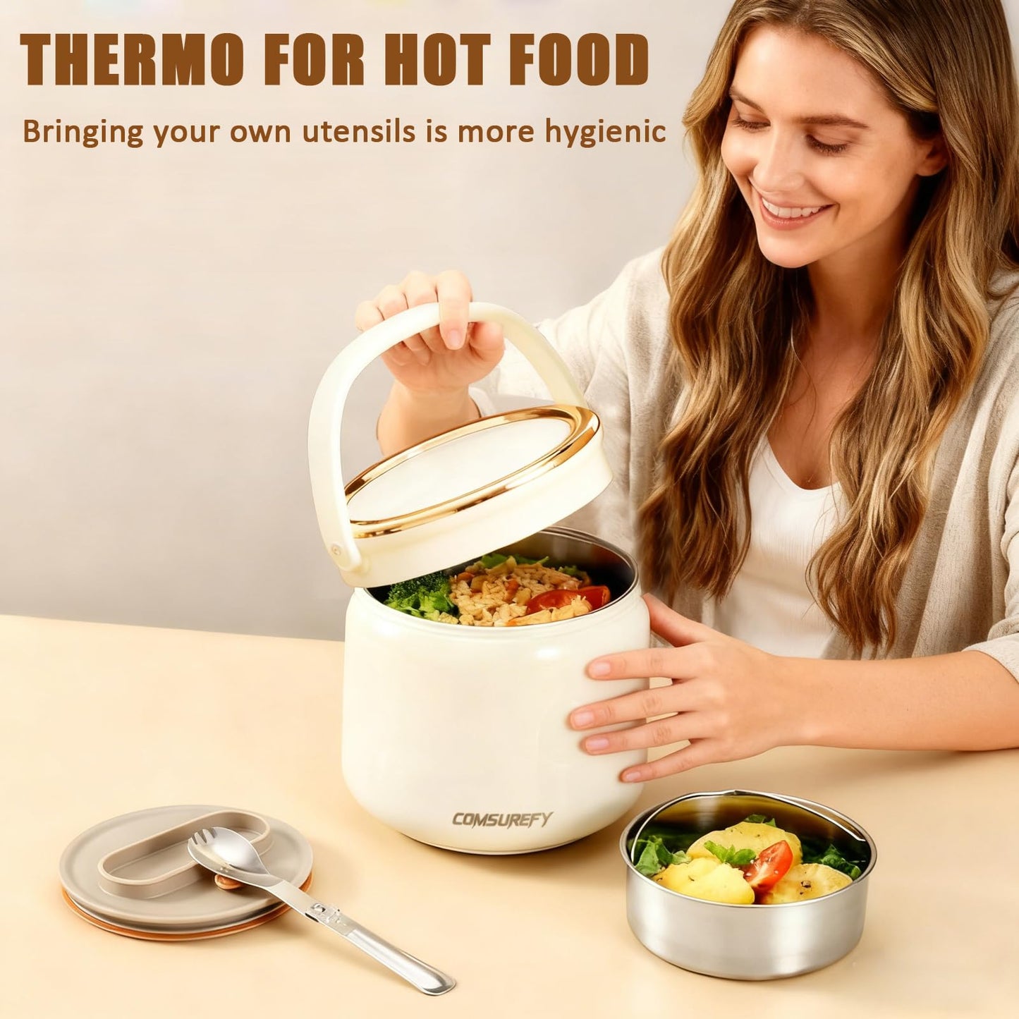 COMSUREFY 40oz/1.2L Thermo for Hot Food for Adults - 18/10 Stainless Steel Vacuum-Insulated Double-Wall, 100% Leak-Proof Wide Mouth, with Folding Spoon for Office/Travel/Outdoor