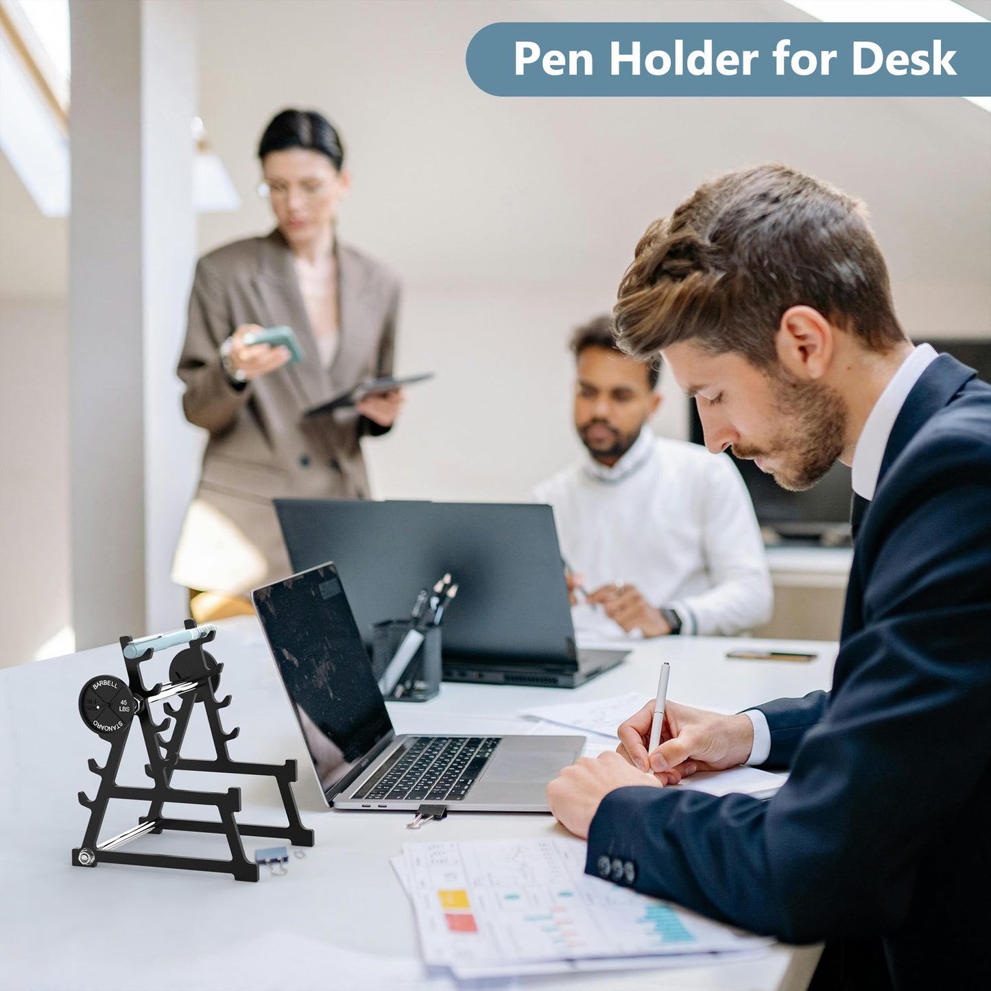 CAREMORA Metal Squat Rack Pen Holder with 8 Slots Mini Metal Barbell & Plastic Weight Blocks Holder Mini Barbell Desk Toy Funny Office Decor for Men Women Cool Pen Holder Gifts for Men (Black)