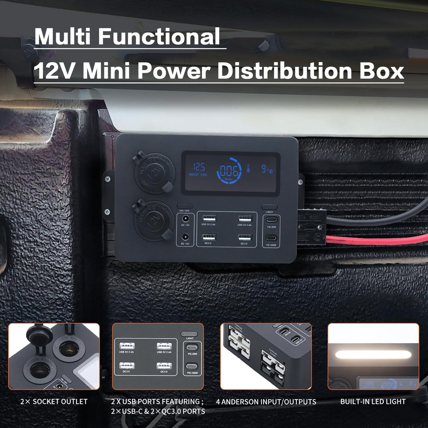 AMOMD 12-24 V Power Outlet Hub Distribution Box 13 Output Sockets Quick Plug+PD20W/100W+QC3.0 USB+CIG Power Sockets Plug-and-Play with LCD Display LED Light Suitable for All Deep-cycle Type