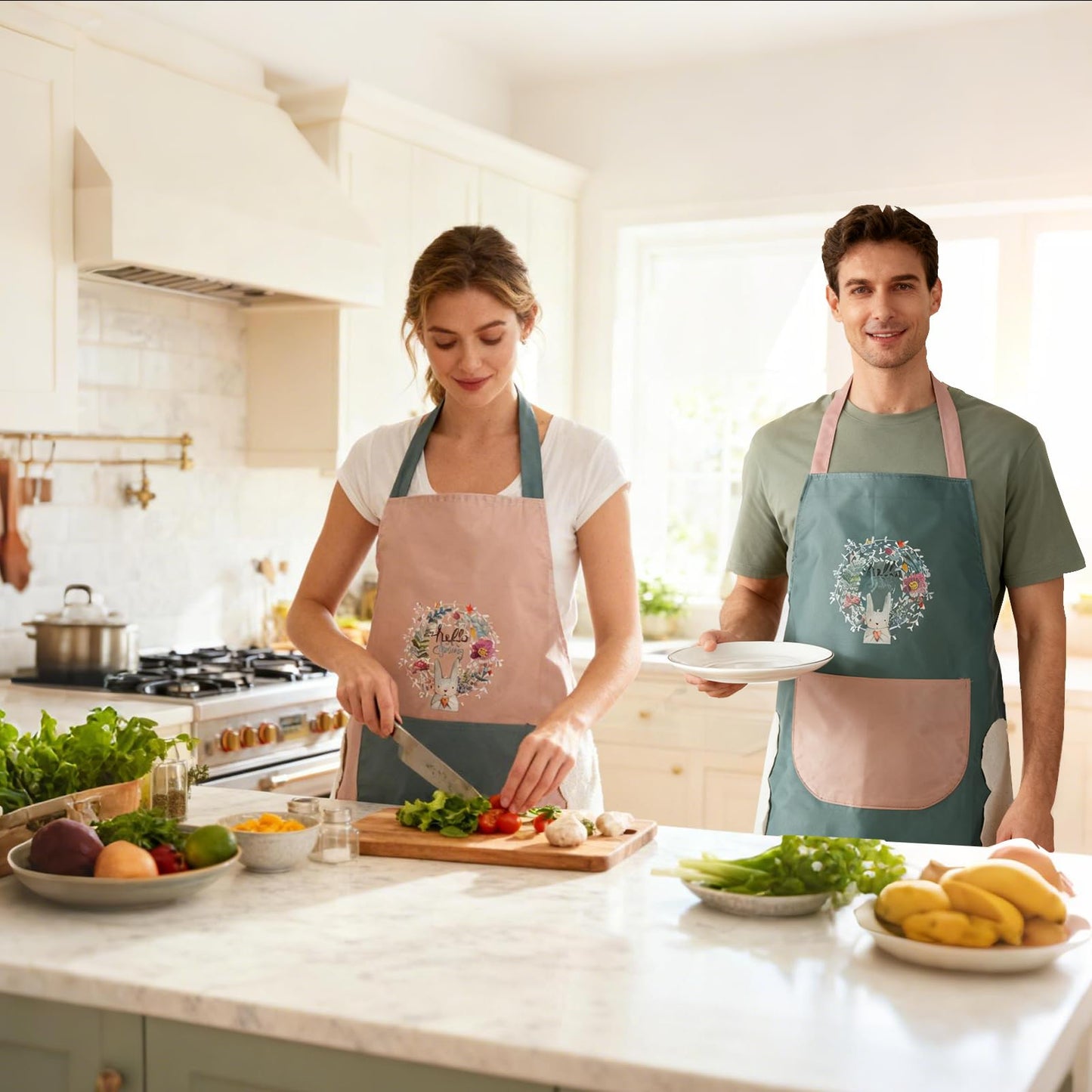 DILLMAN Women Kitchen Apron with Hand Wipe Pockets,Big Pocket,Hand-wiping, Waterproof for Cooking Baking (Blue + Pink)