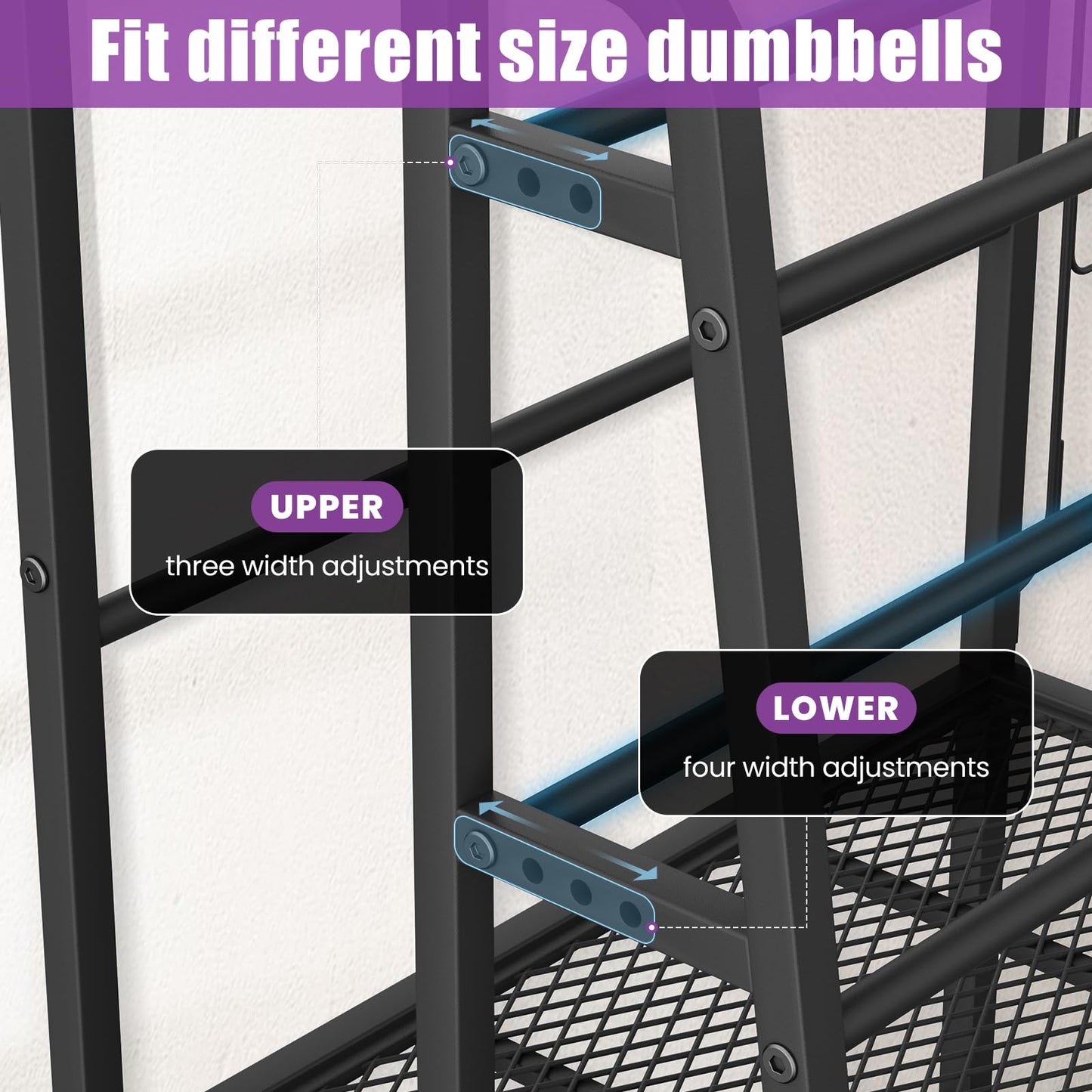 VOPEAK Dumbbell Rack for Home Gym, Adjustable Weight Rack Stand with Wheels, Heavy Duty Steel Storage Organizer for Dumbbells Kettlebells Yoga Mat, with Locking Casters & Side Hooks