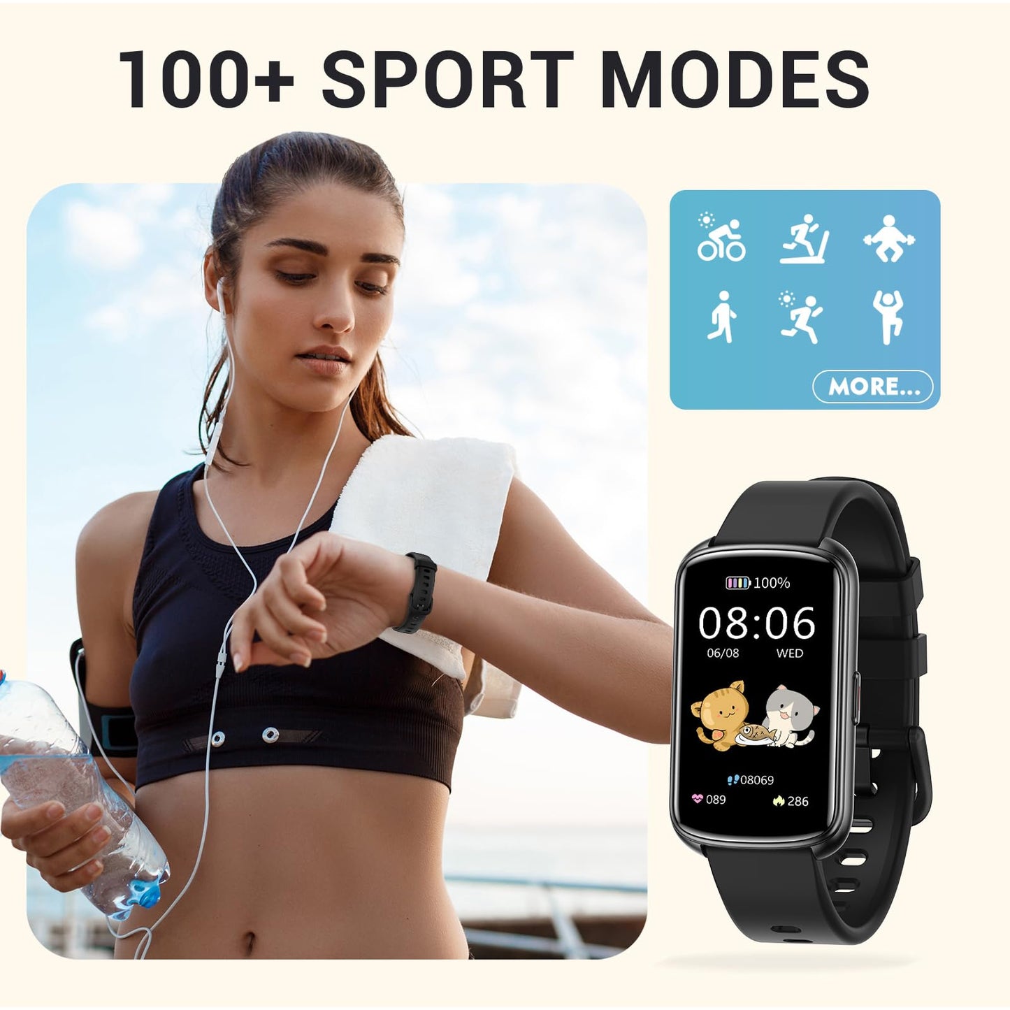 Runlio Fitness Tracker with 1.47" Touchscreen, Slim Smart Watch for Men Women, 5ATM Waterproof Activity Tracker with Heart Rate Blood Oxygen Sleep Monitor, Smartband for Android iOS (Light Grey)