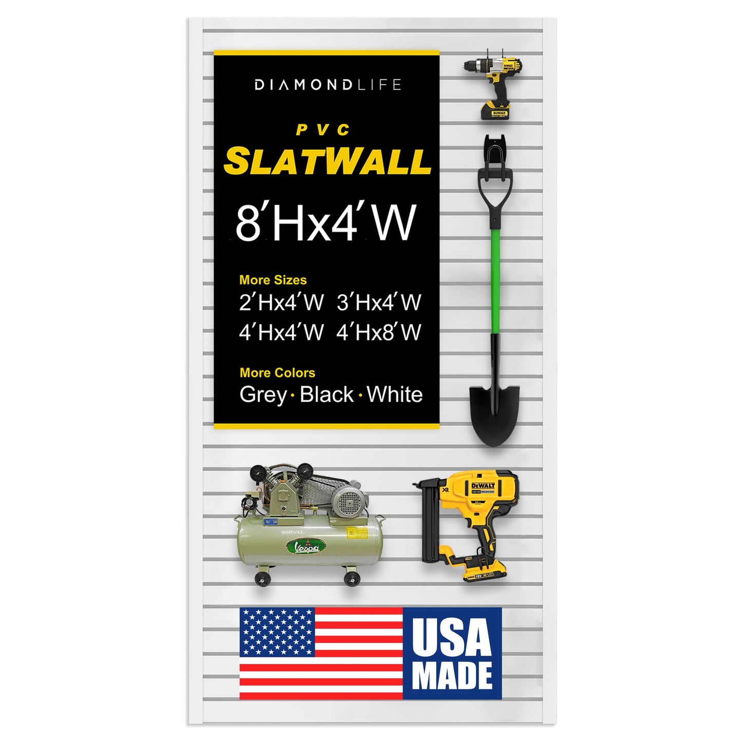 Heavy Duty 8x4 PVC Garage SlatWall Storage System (with Endcaps & Screws) - Modular Slat Wall Paneling for Garage Wall Organizer - Interlocking SlatWall Panels for Home & Commercial Use (White)
