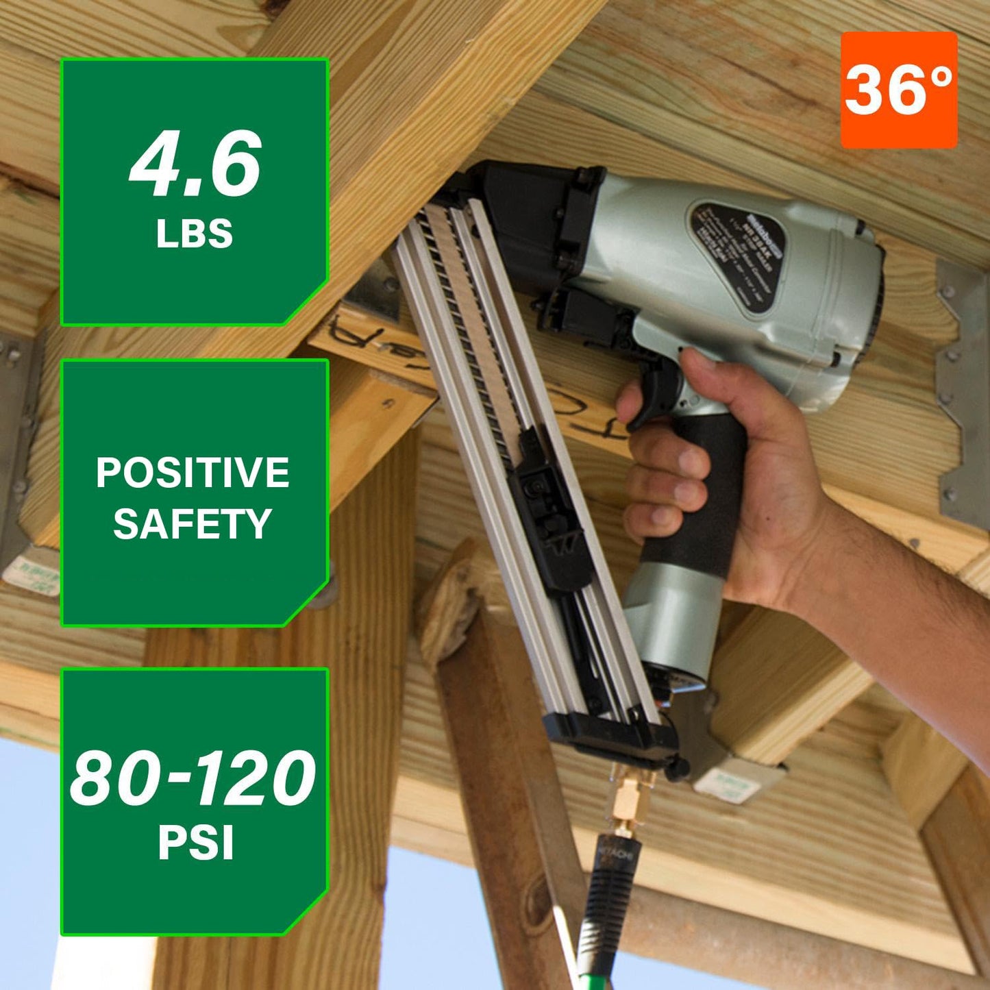 Metabo HPT Strap-Tite Fastening System Strip Nailer, Pro-preferred Pneumatic Power Nailers, Metal Connector Tool for Fastening Metal Connectors to Wood, 36° Magazine, 1-1/2″ Connector Nails, NR38AK