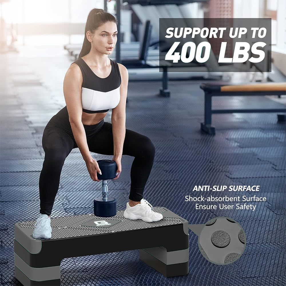 GYMMAGE Aerobic Exercise Step, Adjustable Aerobic Stepper for Exercise, Workout Step Platform for Step Up, 26.5" Step Deck with 4” 6” 8” Adjustable Height Risers, Women Home Gym Cardio Fitness