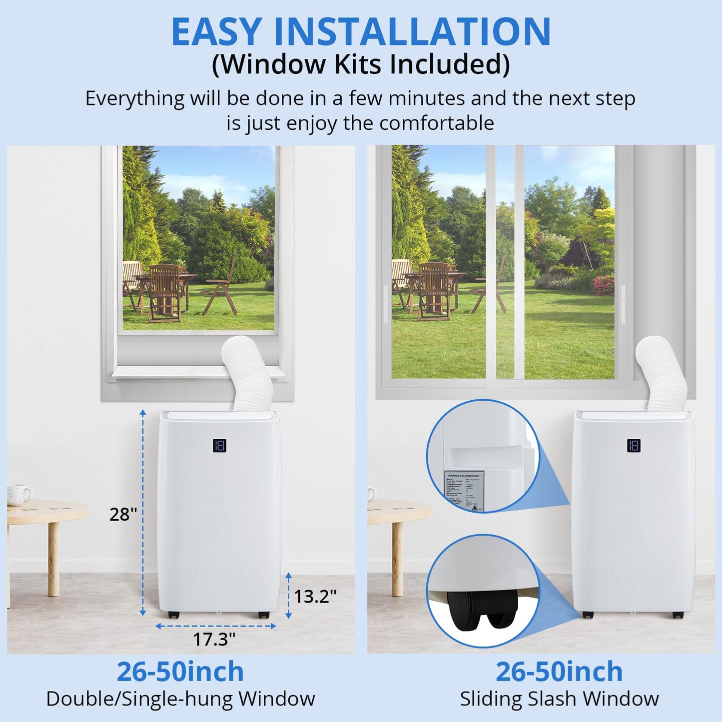 Portable Air Conditioners 14,000 BTU, Portable AC Unit for Bedroom and Office, 400m³/h Cooling for 750 Sq. Ft, Drain-Free Technology with 75-Pint Dehumidification, Includes Remote & Mount Kit, White