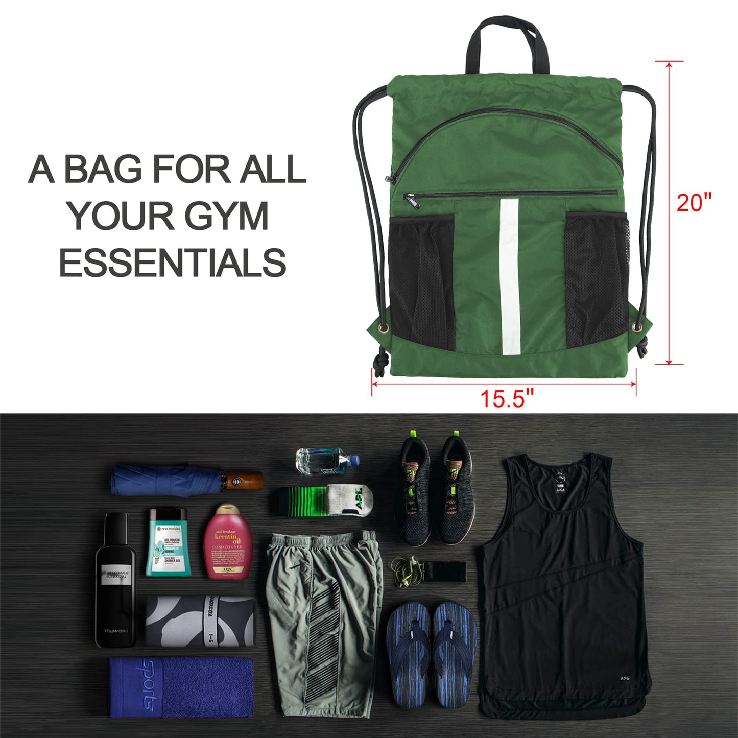 BeeGreen Dark Green Drawstring Backpack with Shoe Compartment X-Large Gym Sports String Cinch Backpack Athletic Sackpack with Front Inside Zipper Pockets