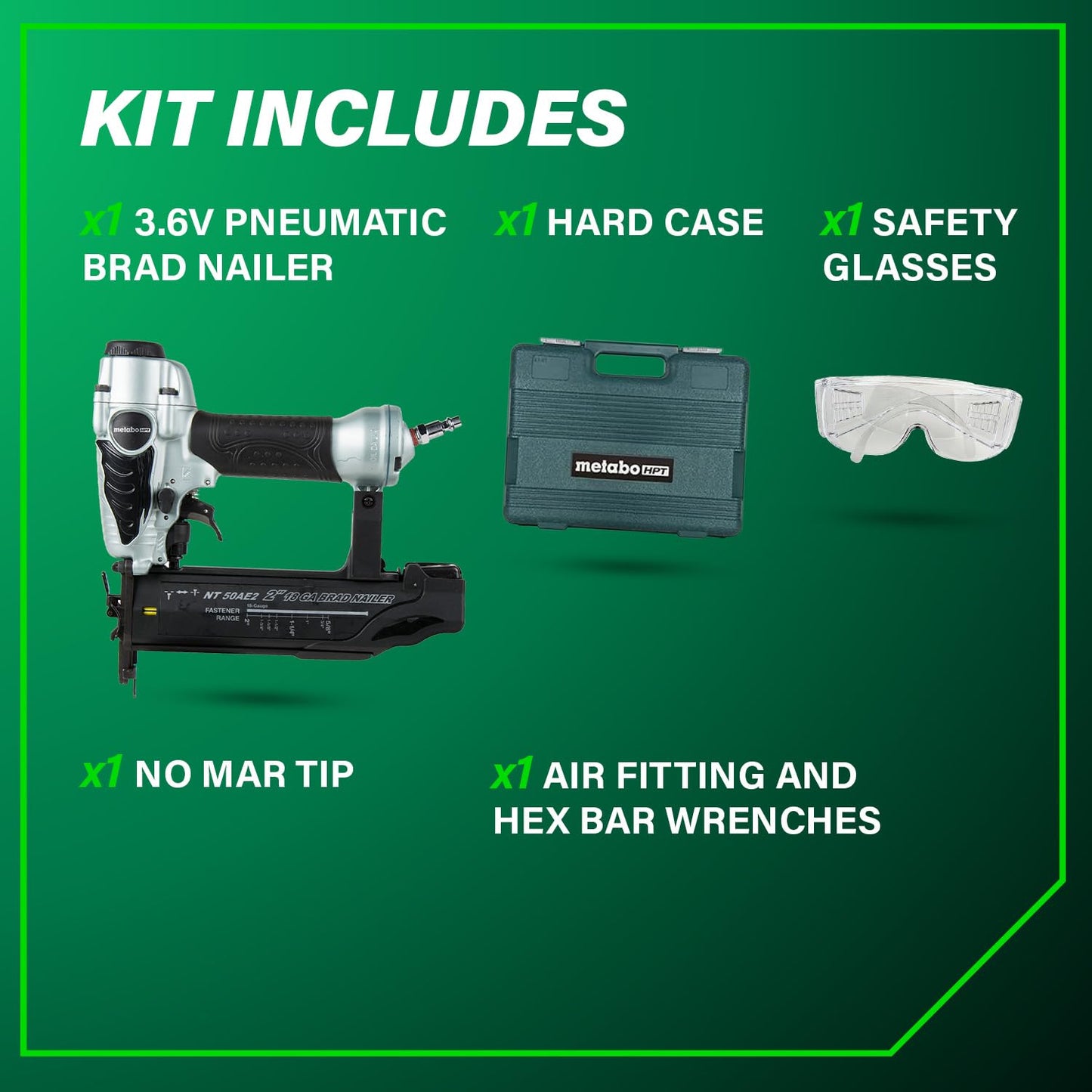Metabo HPT Brad Nailer,Pro-Preferred Lightweight Pneumatic Power Nailer for Precision Trim Work and Furniture Building,Adjustable Depth,18 Gauge,5/8" up to 2" Brad Nails,NT50AE2,(Pack of 5)