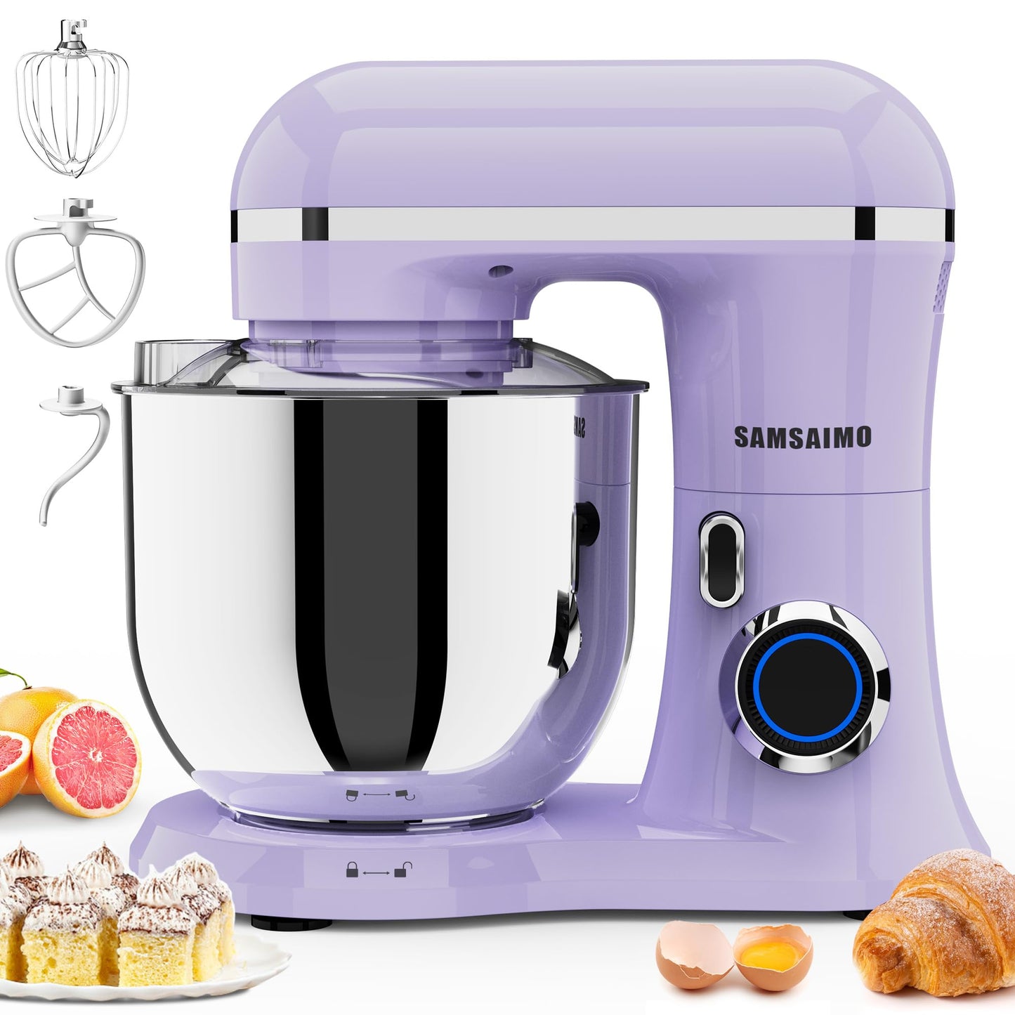 SAMSAIMO 3-IN-1 Electric Stand Mixer, 10-Speed With Pulse Button, Attachments include 6.5QT Bowl, Dough Hook, Beater, Whisk for Most Home Cooks (Purple)