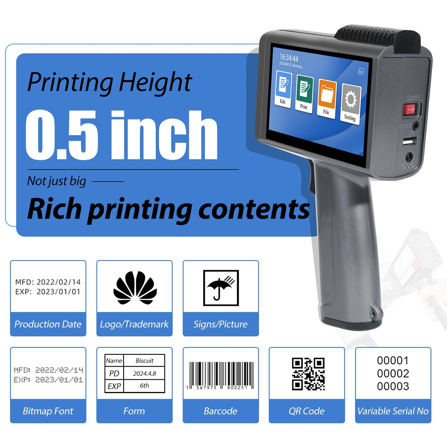 ZHONGMIN Handheld Inkjet Printer with 42ml Quick-Drying Ink Cartridge for Text/Date/Barcode/Logo, Metal Body, 4.3" Touch Screen, Print Height 0.08"-0.5", Portable Industrial Coding Machine ZM-C120L