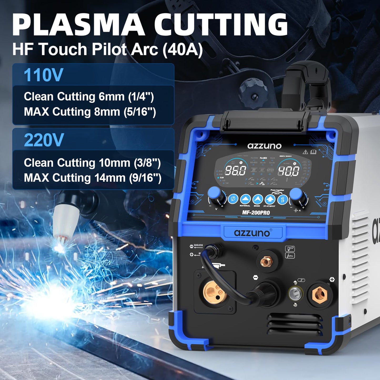 AZZUNO Plasma Cutter Welder Combo 200A, Gas MIG/PULSE MIG/MAG/Flux Gasless MIG/HF TIG/Stick/CUT/SPOT MIG 8 in 1 Multiprocess Welder Machine, 110/220V Dual Voltage Aluminum Welding Machine