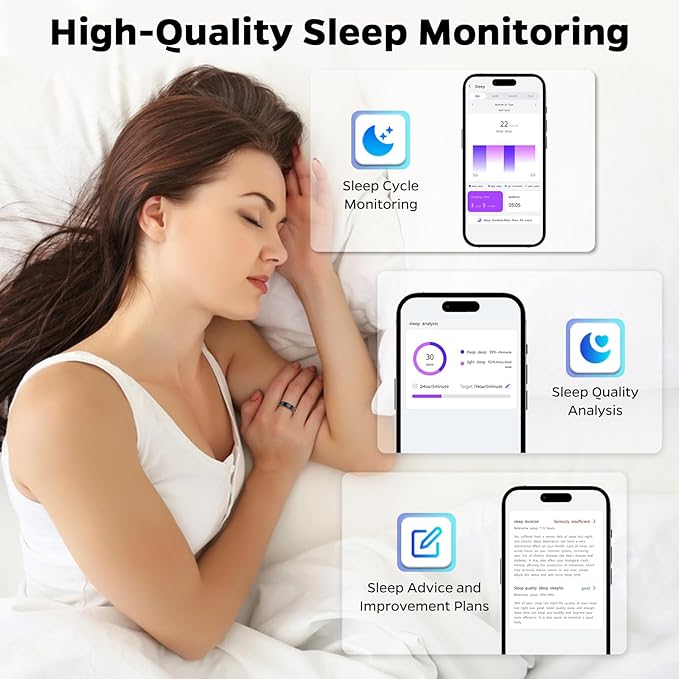 Ultra-Thin Smart Ring for Women Men,Sleep Tracker Ring with Heart Rate, Waterproof Fitness Ring for Activity Monitoring/Steps/Calories,No Subscription Fee,for iSO & Android (Black, 10)