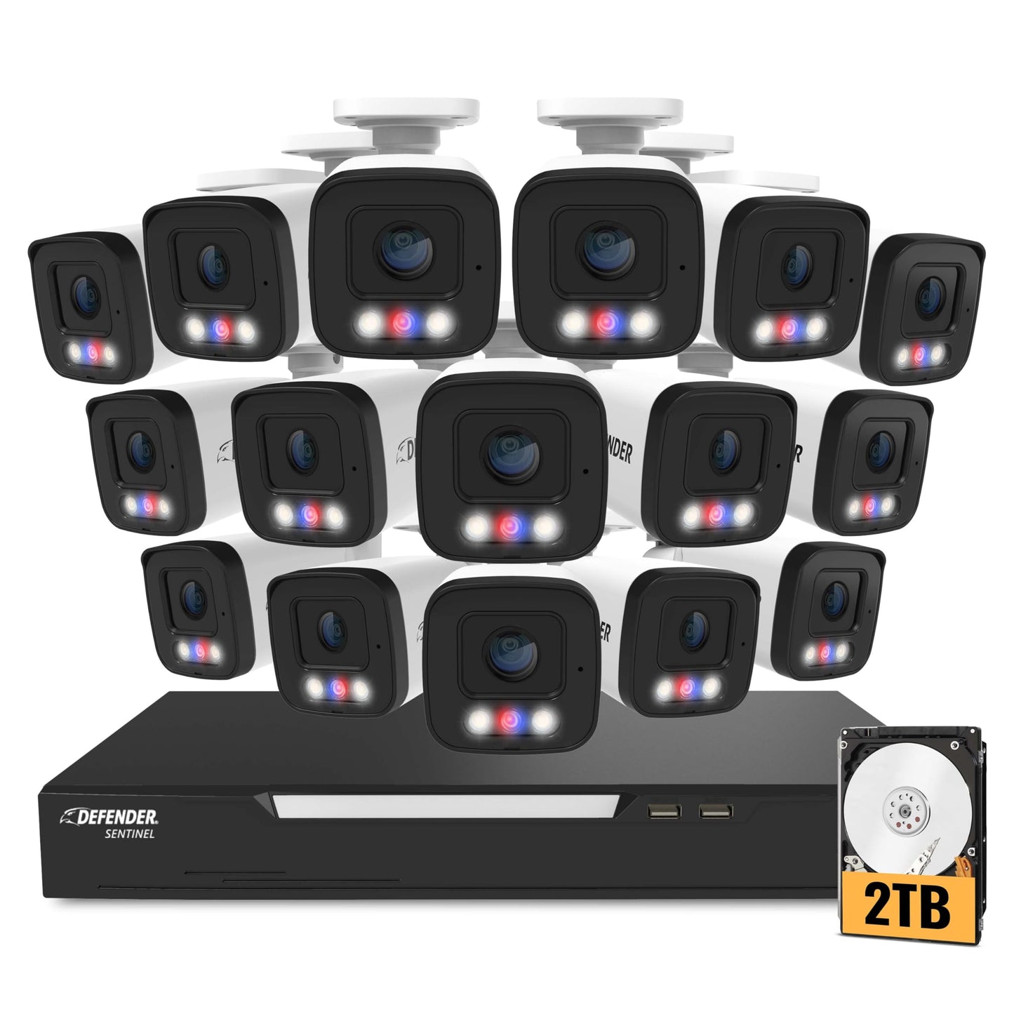 Defender AI Powered Sentinel 4K 16CH PoeE Security Camera System, 16pcs NVR Metal Outdoor Surveillance Cameras, 2TB HDD, SMART AI Human Detection, Blue/Red Lights, Works w/Empower App