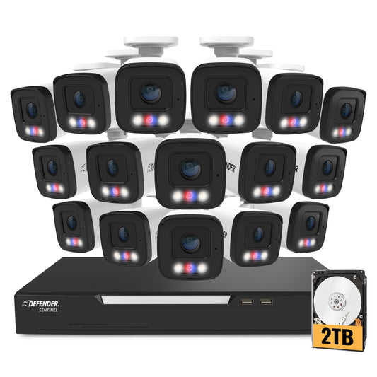 Defender AI Powered Sentinel 4K 16CH PoeE Security Camera System, 16pcs NVR Metal Outdoor Surveillance Cameras, 2TB HDD, SMART AI Human Detection, Blue/Red Lights, Works w/Empower App
