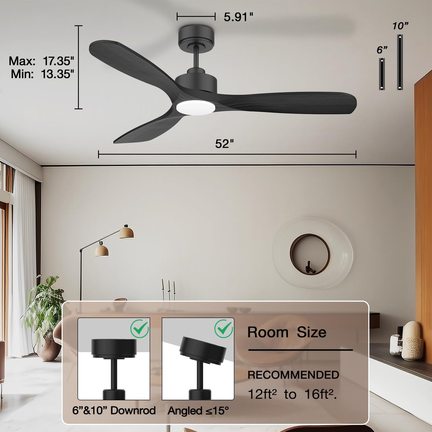 Hoenofly 52” Wood Smart Ceiling Fans with Lights Remote,Quiet DC Motor,Outdoor Indoor Ceiling Fan,Voice Control via WIFI Alexa App,Dimmable,Modern Black Ceiling Fan for Bedroom Patio Porch