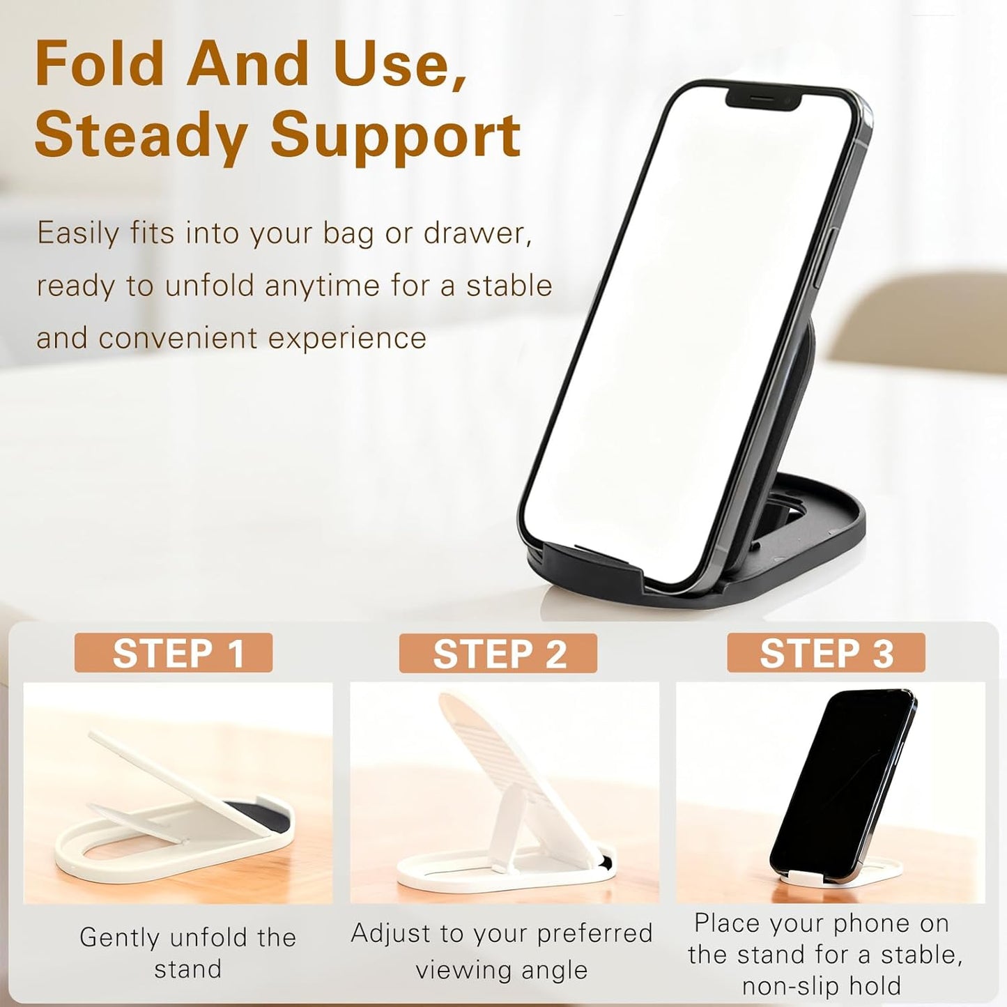 Attkryy 6-Pack Portable Phone & Tablet Stand(Black&White), Foldable Multi-Angle Desk Holders, Adjustable Universal
