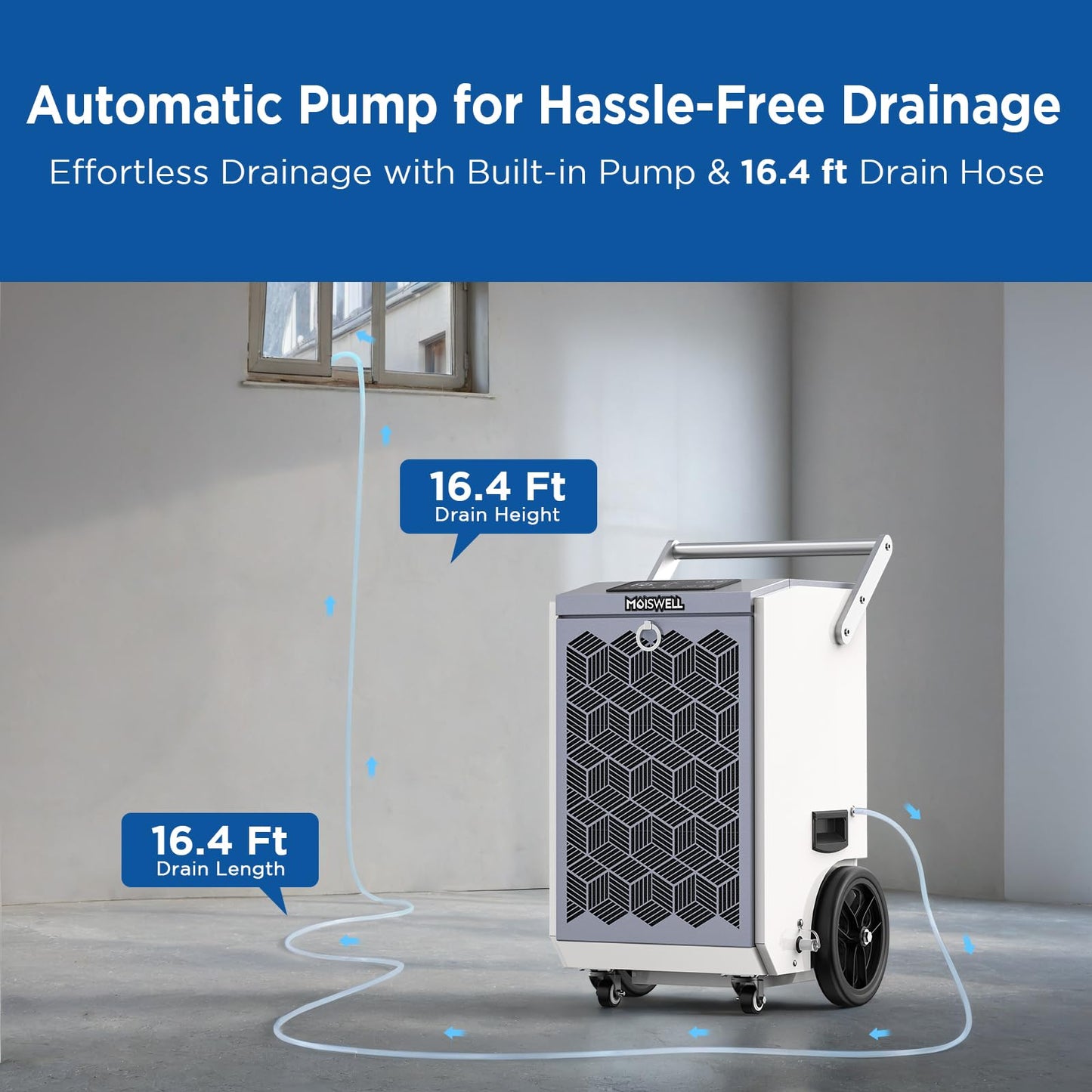 Moiswell 160 Pints Commercial Dehumidifier with Pump and Drain Hose for Basements, Heavy Duty Commercial Grade Dehumidifiers for Large Spaces, Warehouse, Industry Water Damage Unit, Auto Defrost