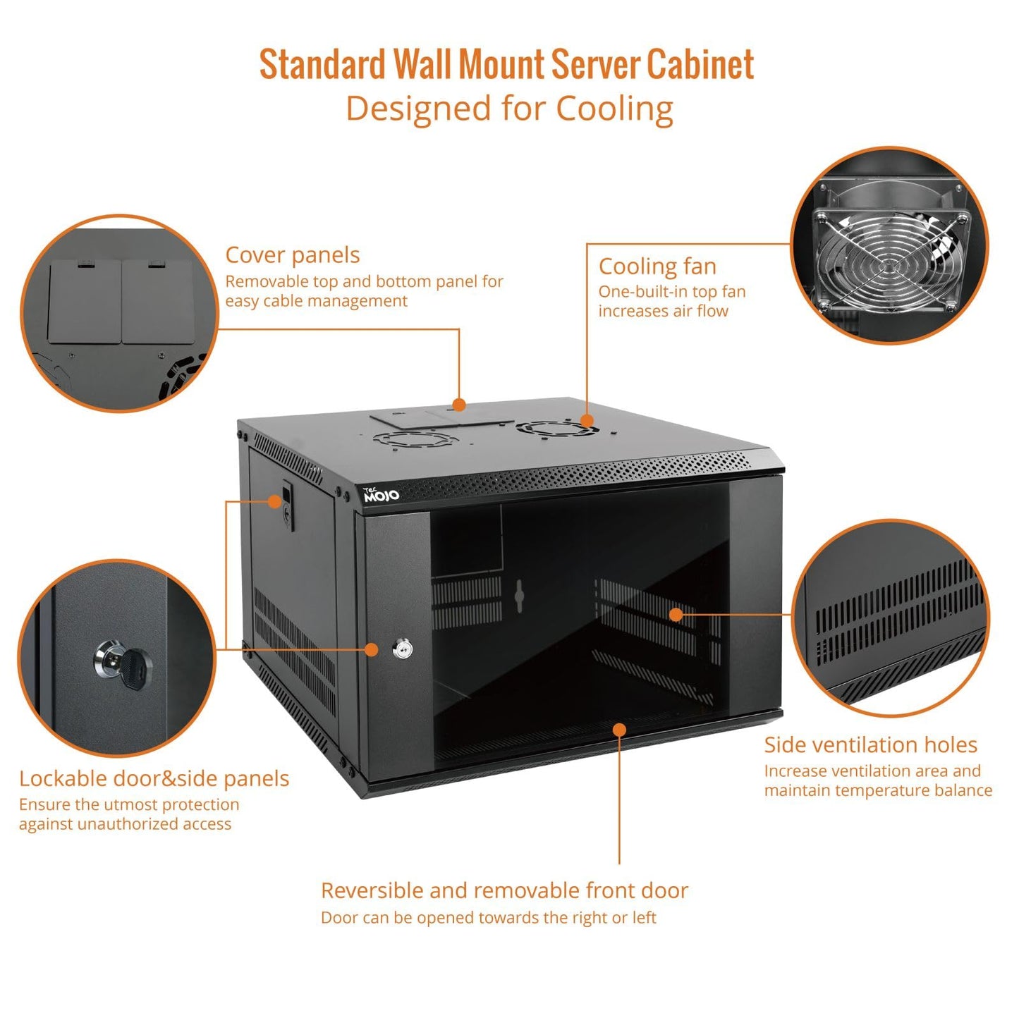 Tecmojo 6U Wall Mount Server Cabinet IT Network Rack Enclosure Lockable Door and Side Panels Black, Cooling Fan, Standard Glass Door, 450mm Depth, for 19” IT Equipment, A/V Devices