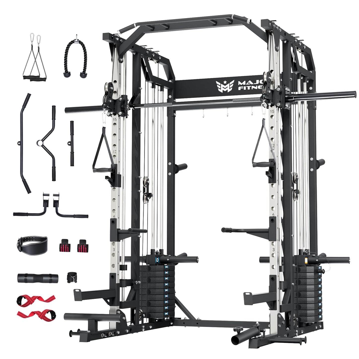 Major Fitness Drone2 Premium Training Smith Machines– All-in-One Home Gym Squat Rack with Aluminum Pulley Set , Weight Bar, Dual LAT Pull-Down Systems (SL D2AW ONLY)